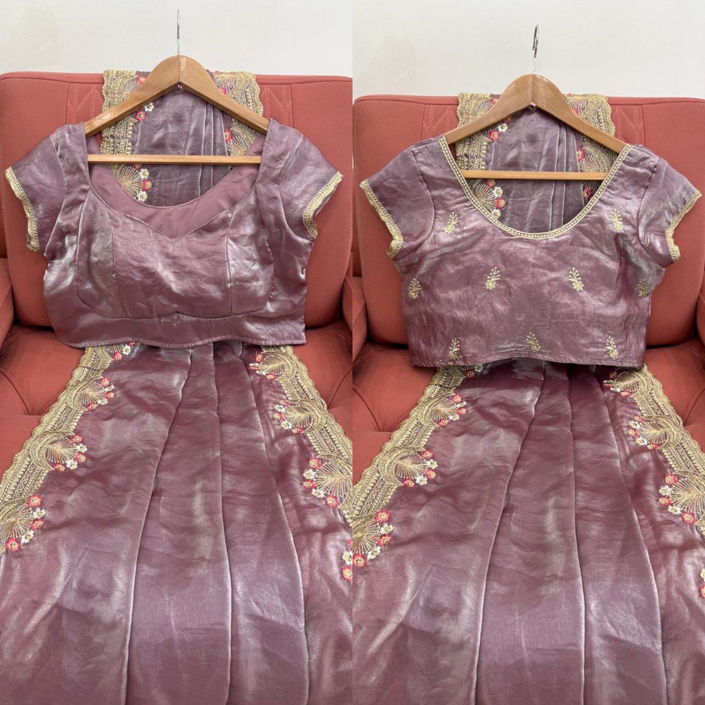 Onion color Fendi Silk Intricate Embroidery Work Saree