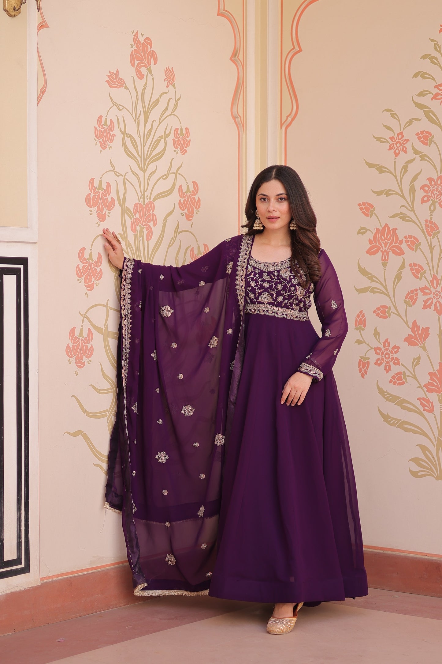 Purple Faux Blooming with Beads Embroidery Work Gown With Dupatta