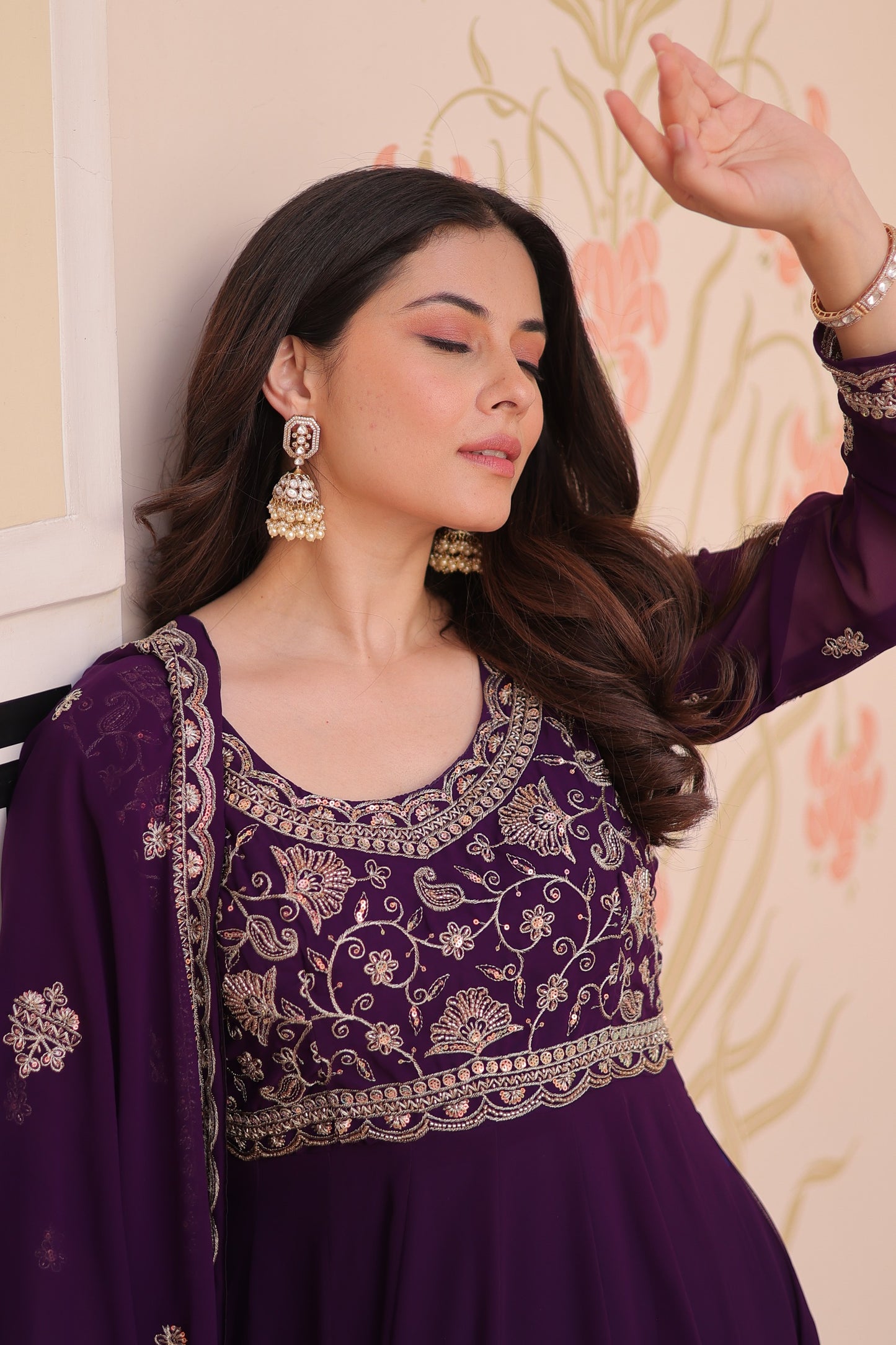 Purple Faux Blooming with Beads Embroidery Work Gown With Dupatta