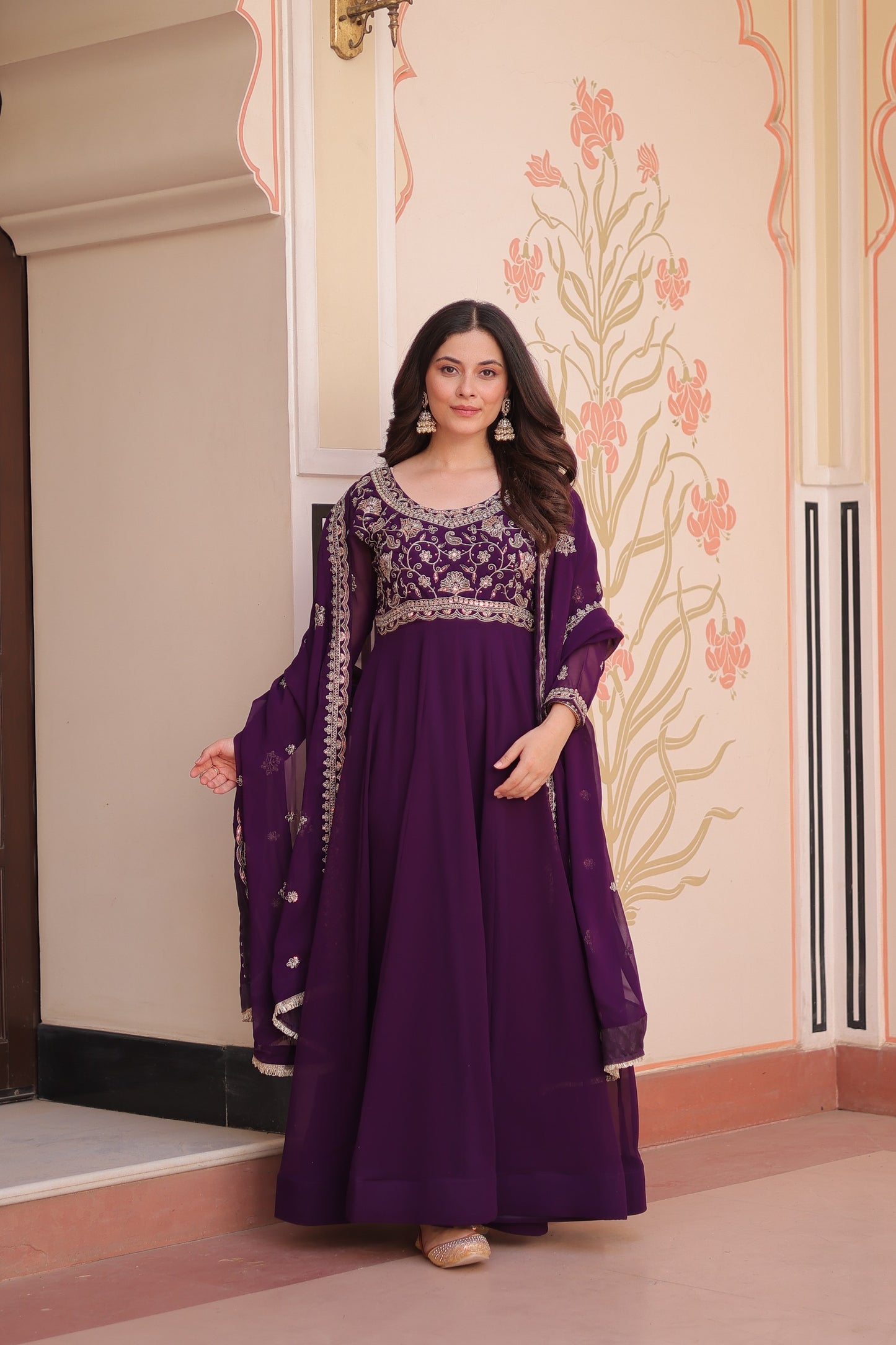 Purple Faux Blooming with Beads Embroidery Work Gown With Dupatta