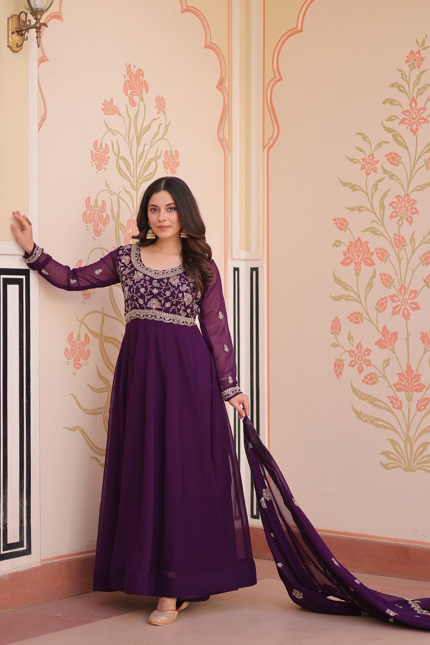 Purple Faux Blooming with Beads Embroidery Work Gown With Dupatta