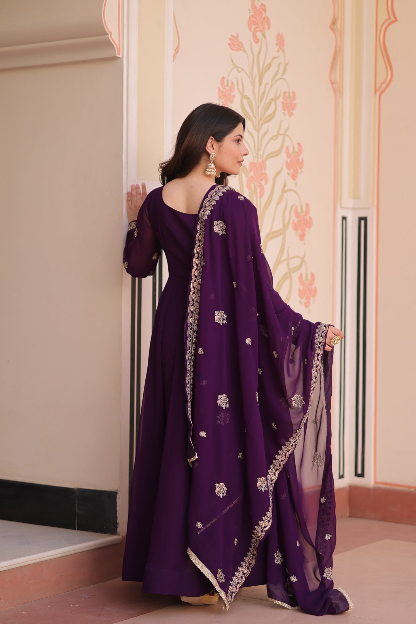 Purple Faux Blooming with Beads Embroidery Work Gown With Dupatta