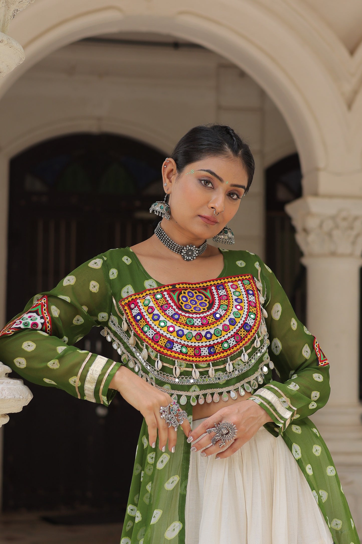 Parrot Green color Kora Cotton Bandhani Print Lehenga With Kurti