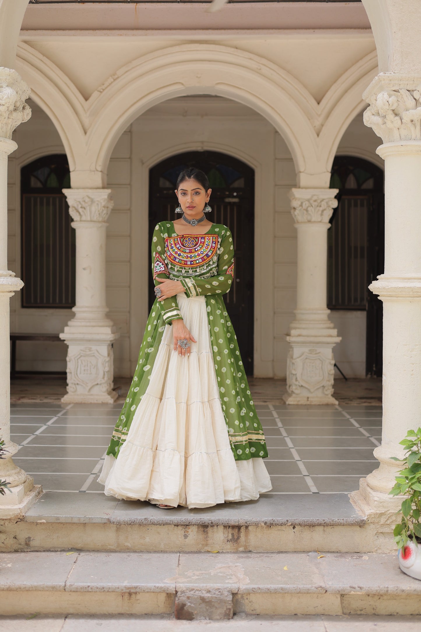 Parrot Green color Kora Cotton Bandhani Print Lehenga With Kurti