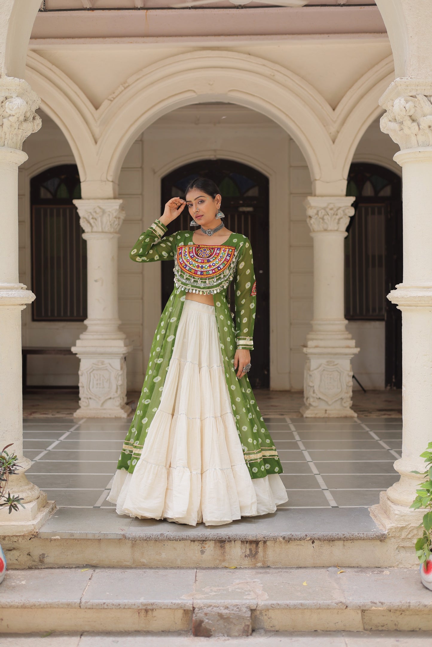 Parrot Green color Kora Cotton Bandhani Print Lehenga With Kurti
