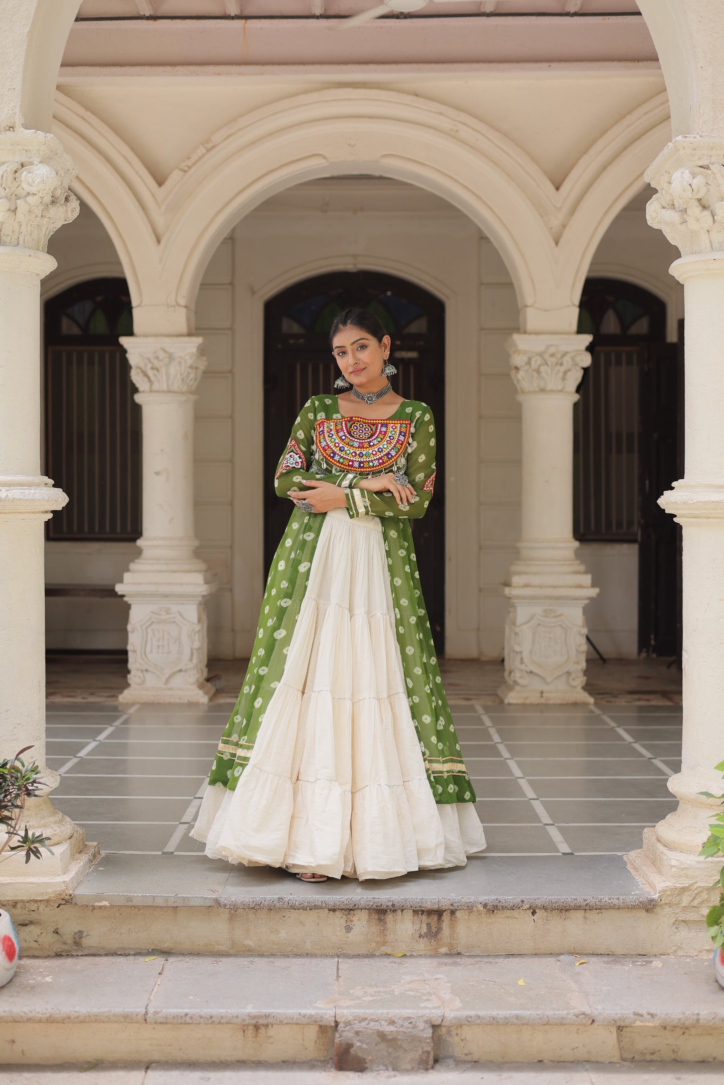 Parrot Green color Kora Cotton Bandhani Print Lehenga With Kurti