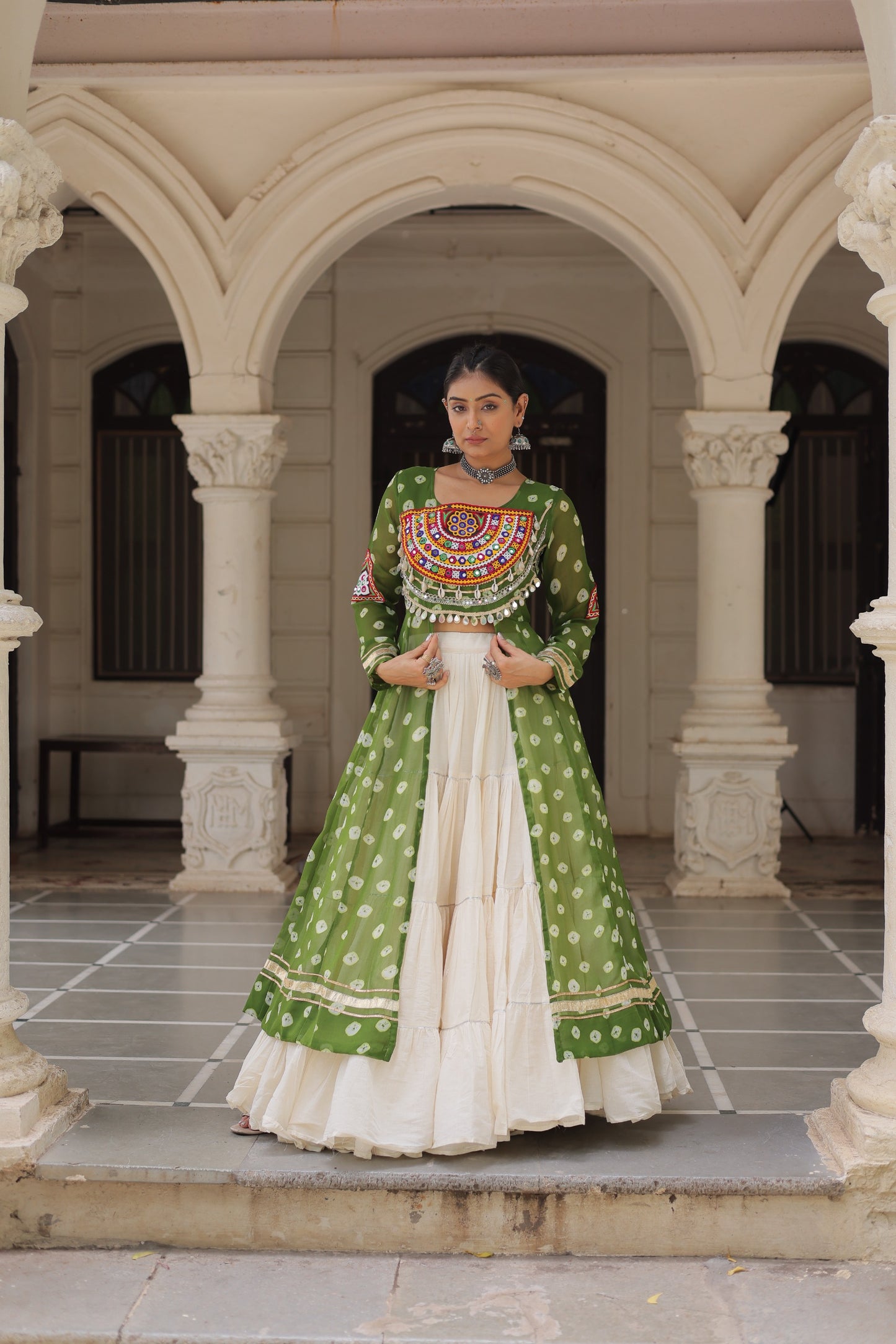 Parrot Green color Kora Cotton Bandhani Print Lehenga With Kurti