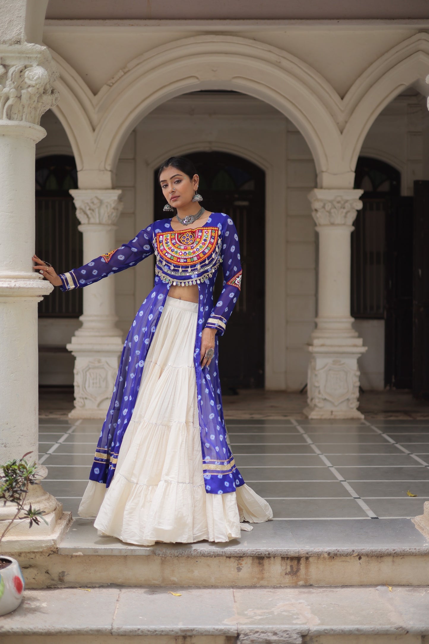 Blue color Kora Cotton Bandhani Print Lehenga With Kurti