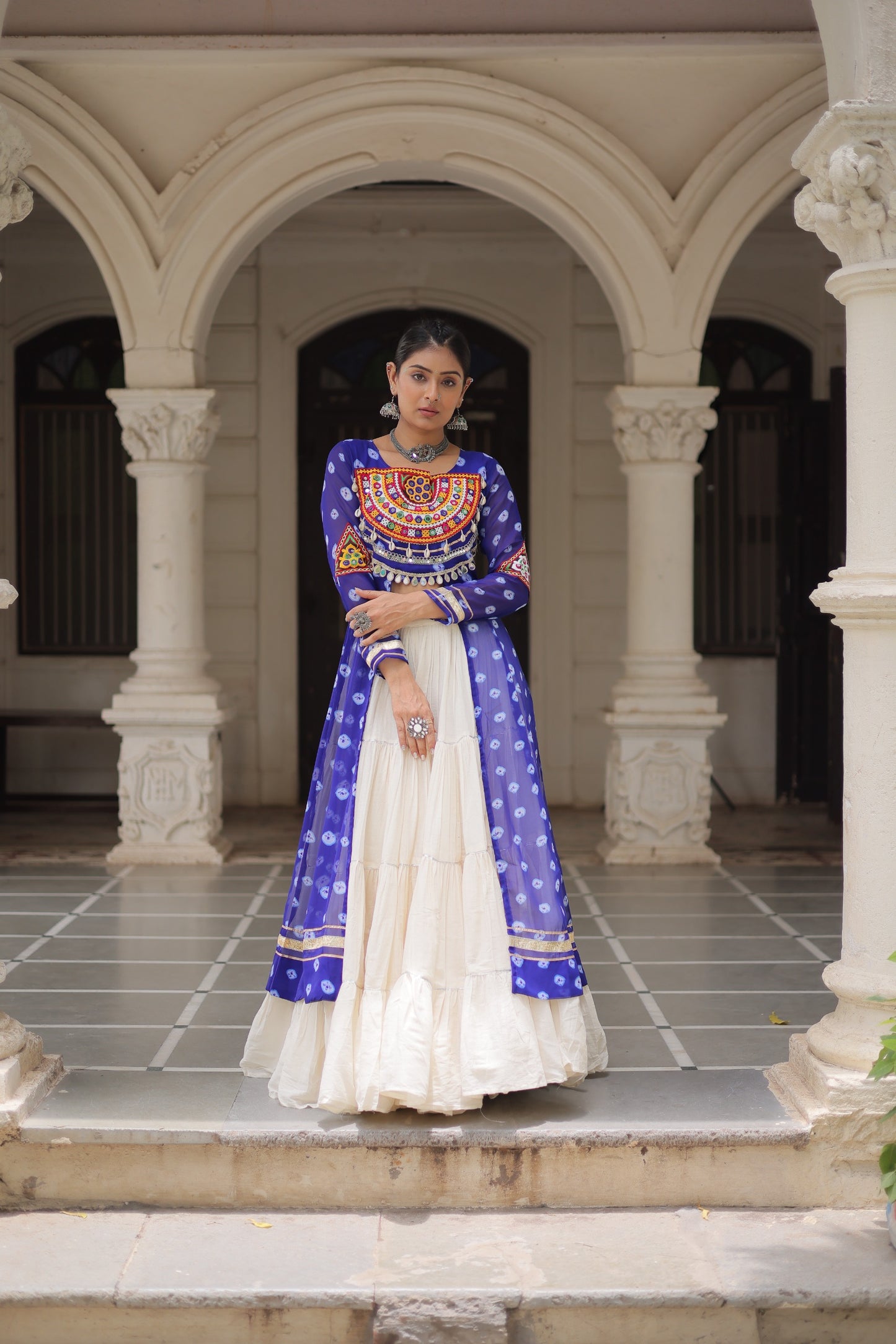 Blue color Kora Cotton Bandhani Print Lehenga With Kurti