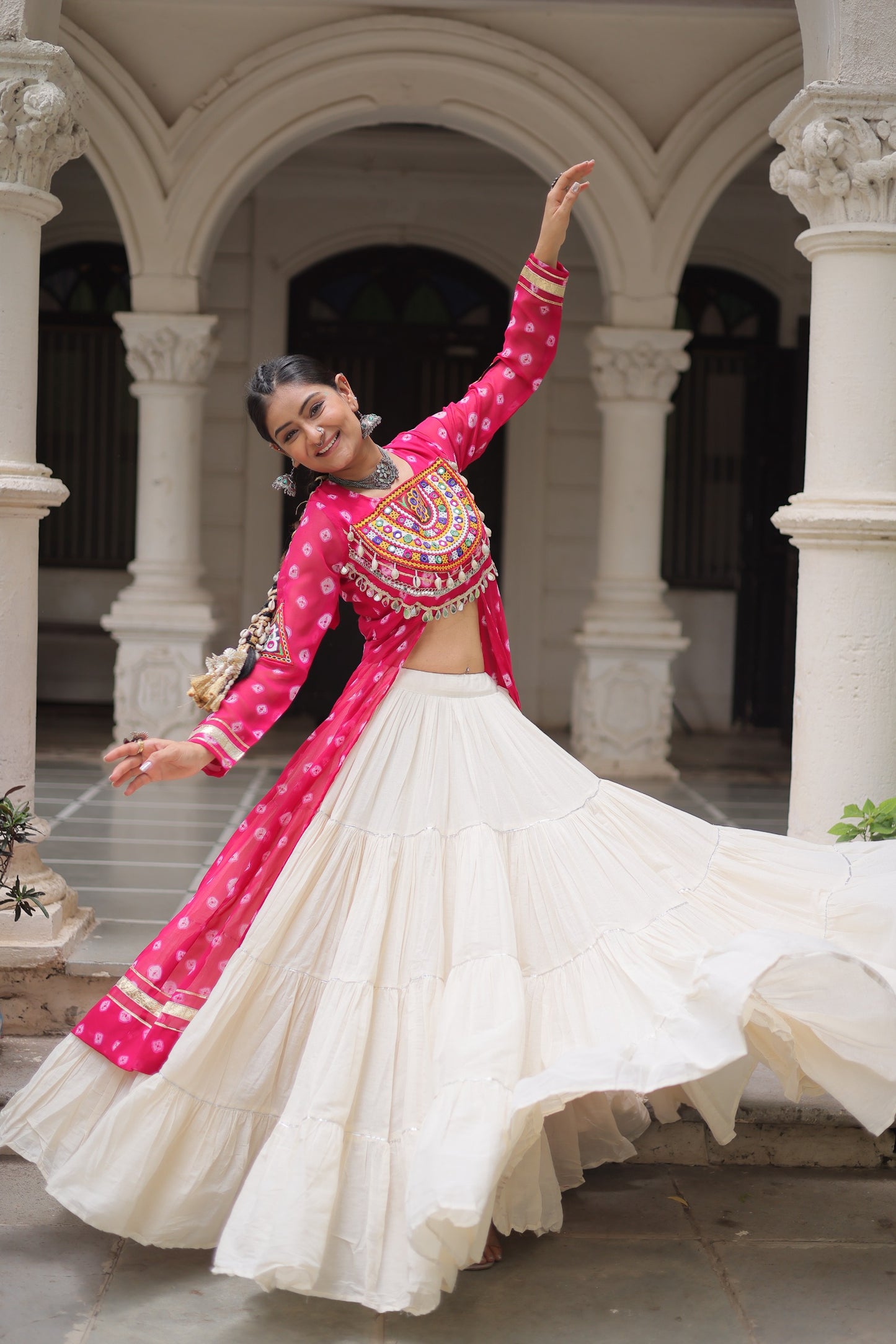 Pink color Kora Cotton Bandhani Print Lehenga With Kurti
