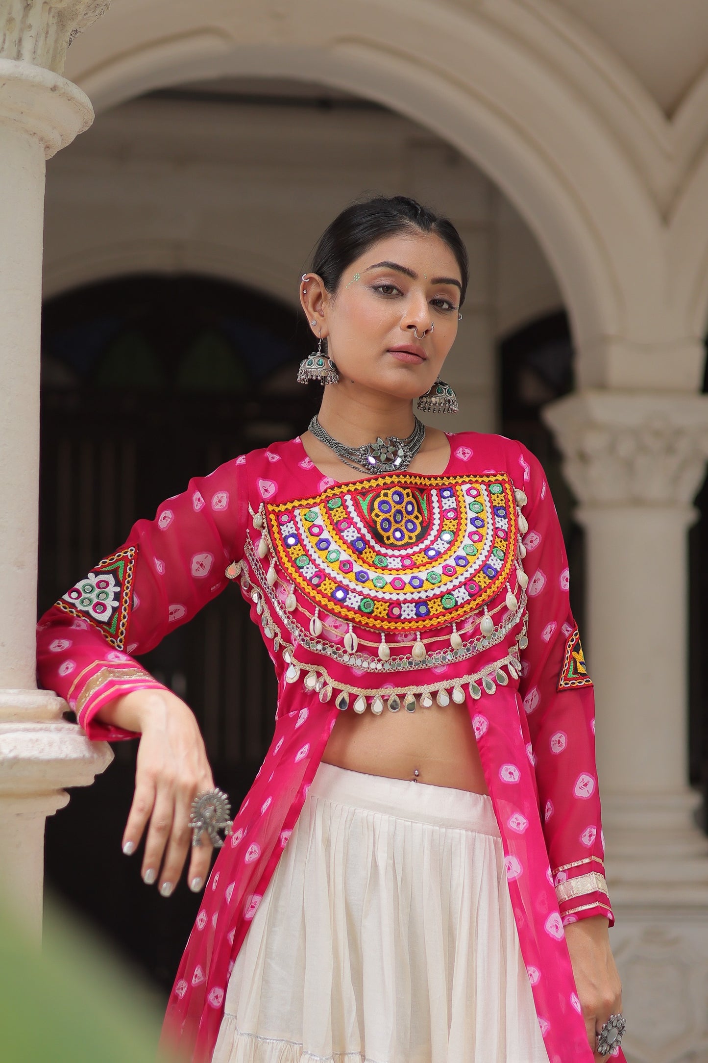 Pink color Kora Cotton Bandhani Print Lehenga With Kurti