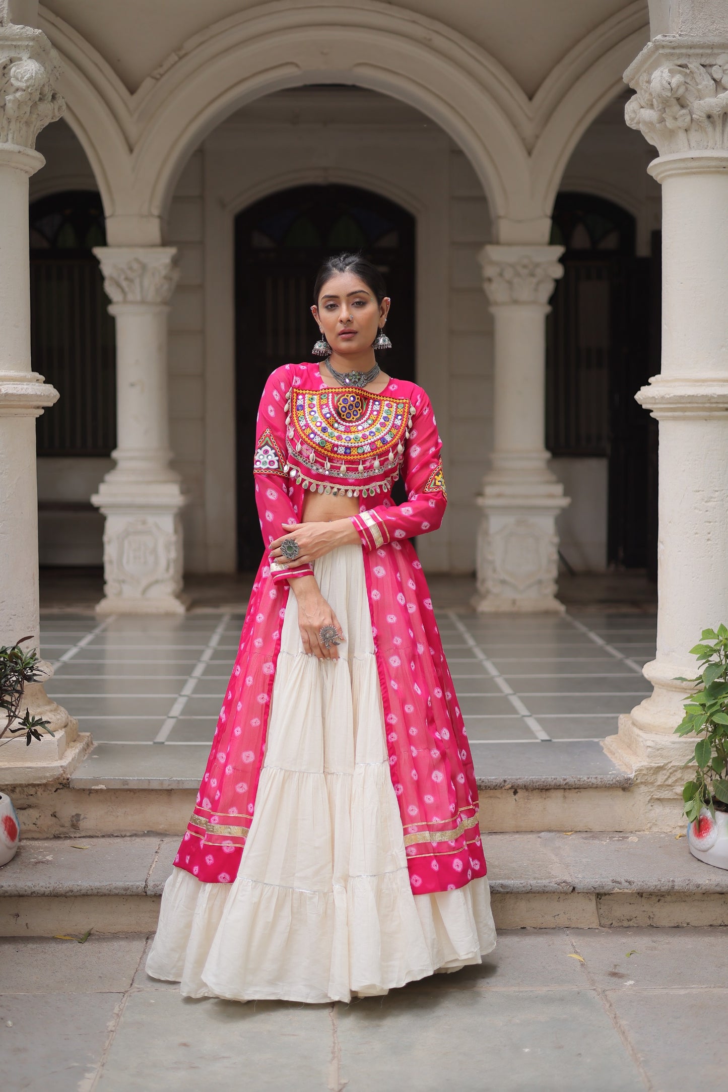 Pink color Kora Cotton Bandhani Print Lehenga With Kurti