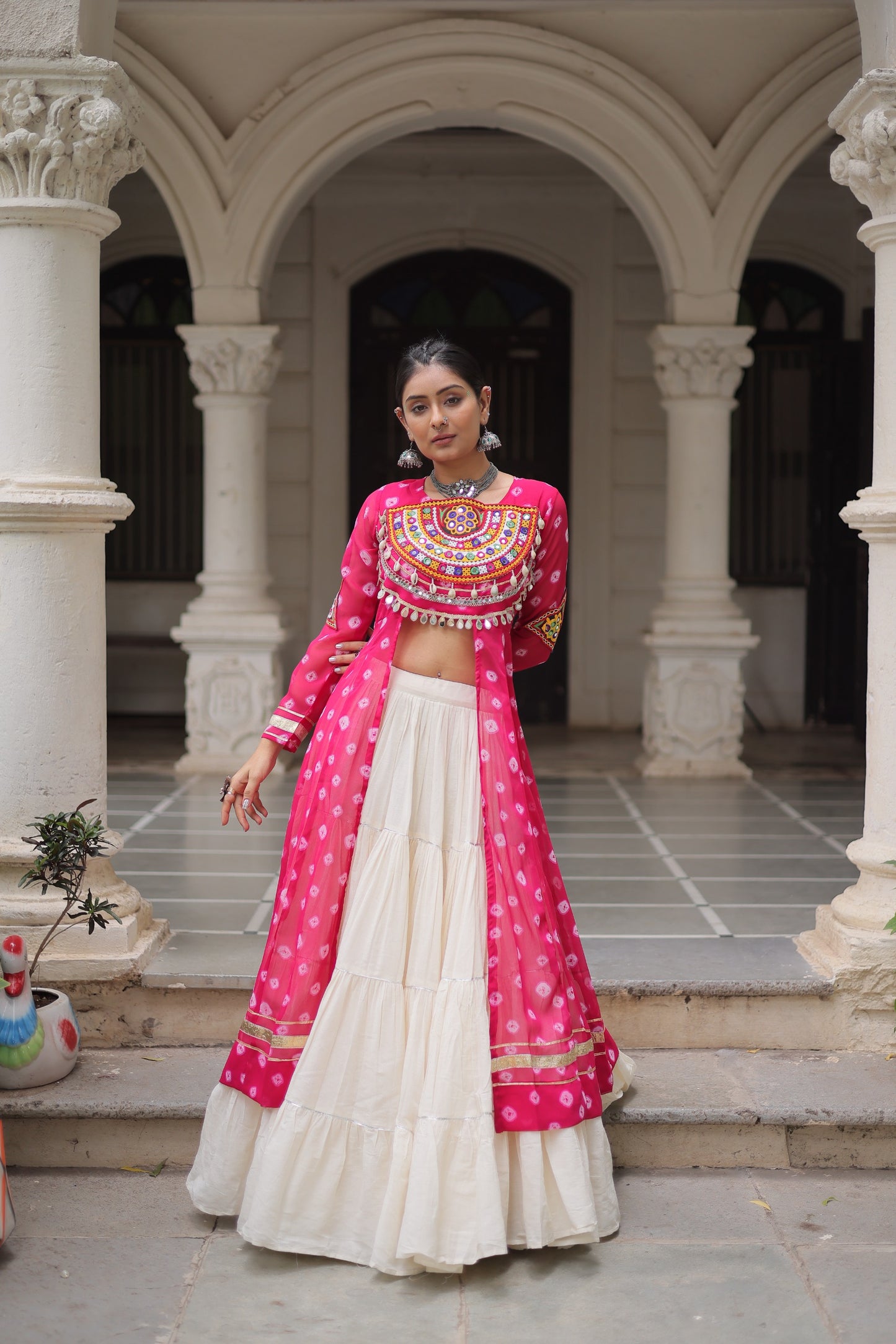 Pink color Kora Cotton Bandhani Print Lehenga With Kurti