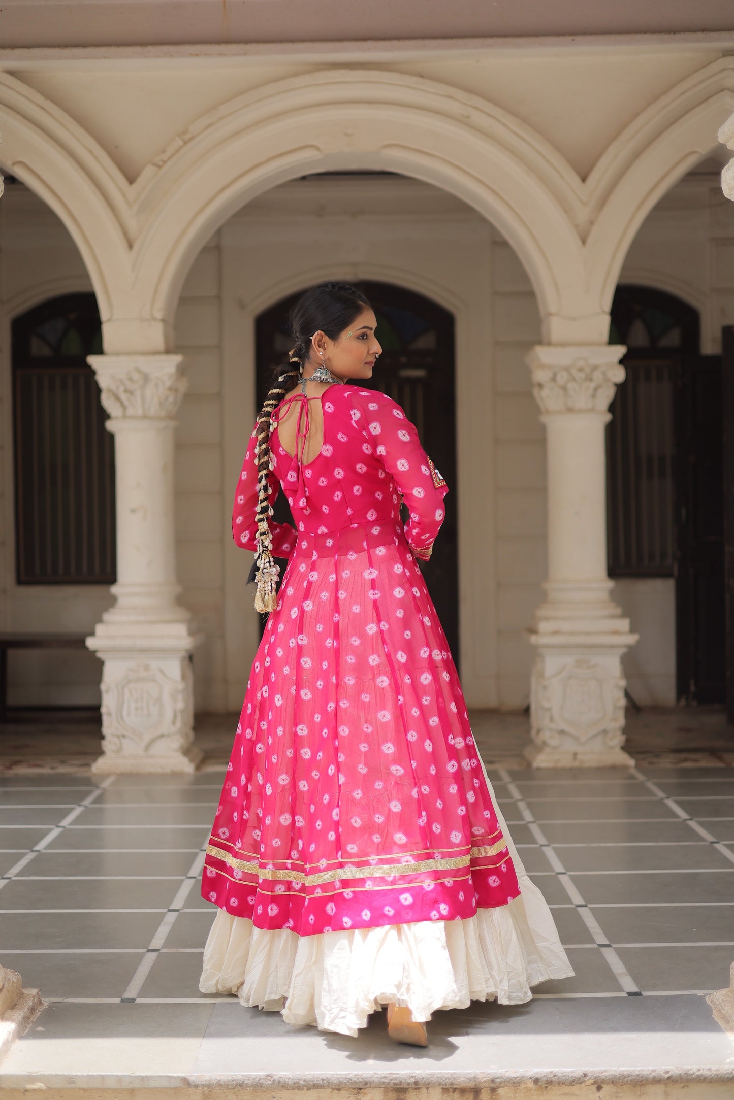 Pink color Kora Cotton Bandhani Print Lehenga With Kurti