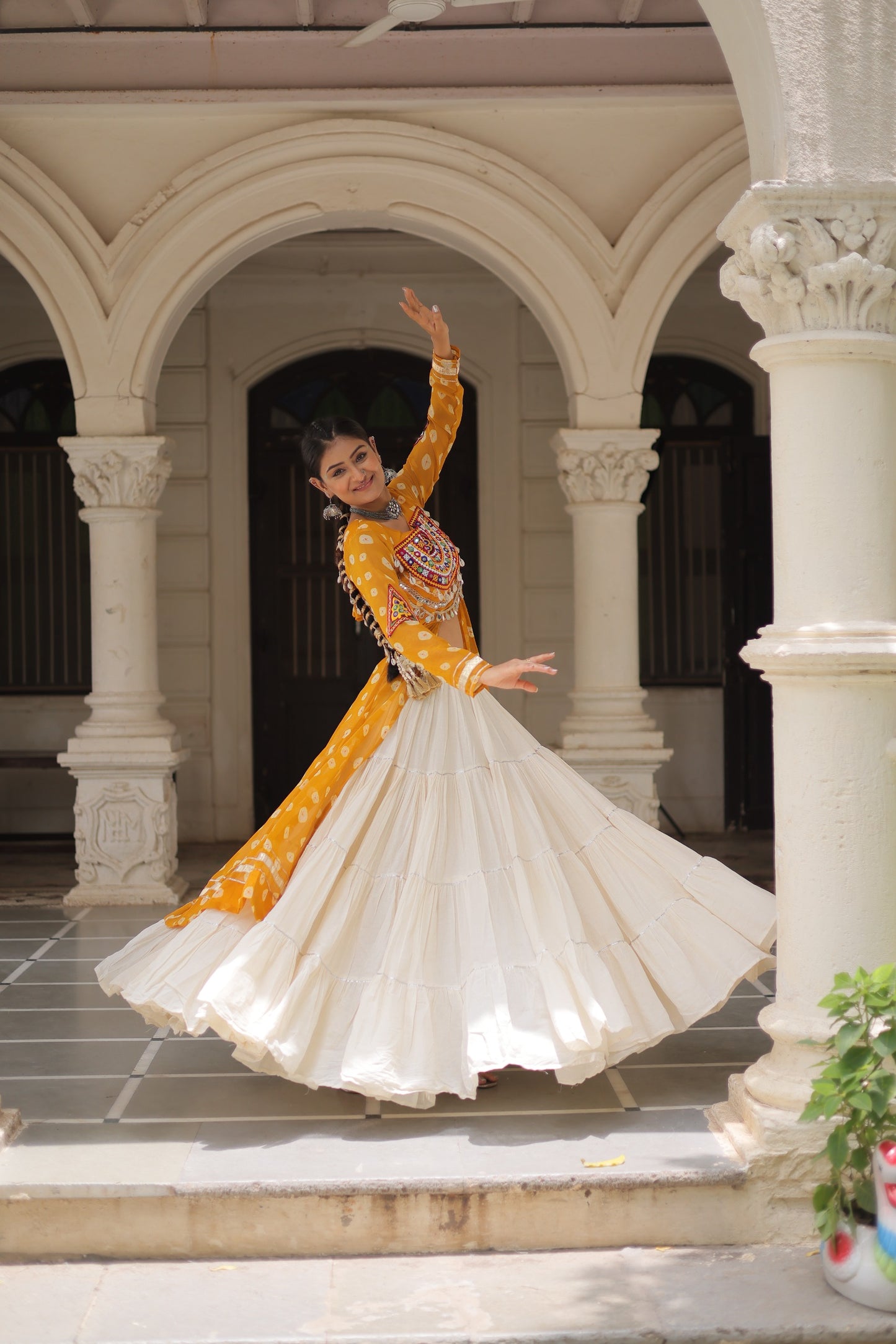 Yellow color Kora Cotton Bandhani Print Lehenga With Kurti