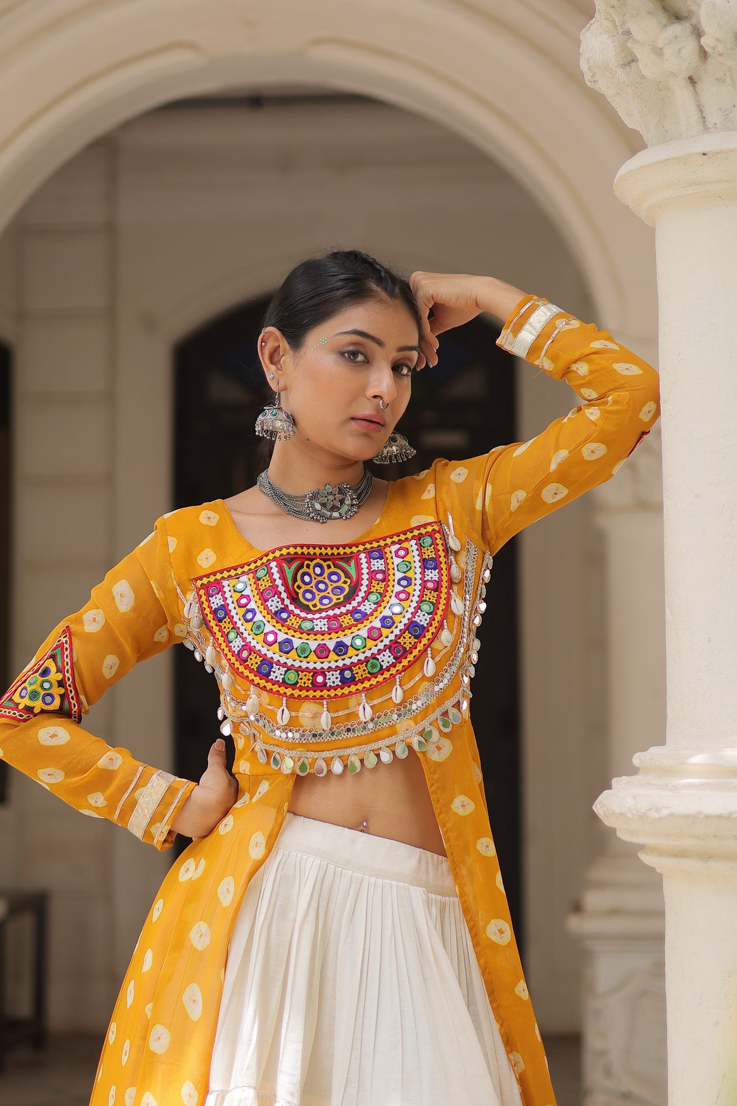 Yellow color Kora Cotton Bandhani Print Lehenga With Kurti