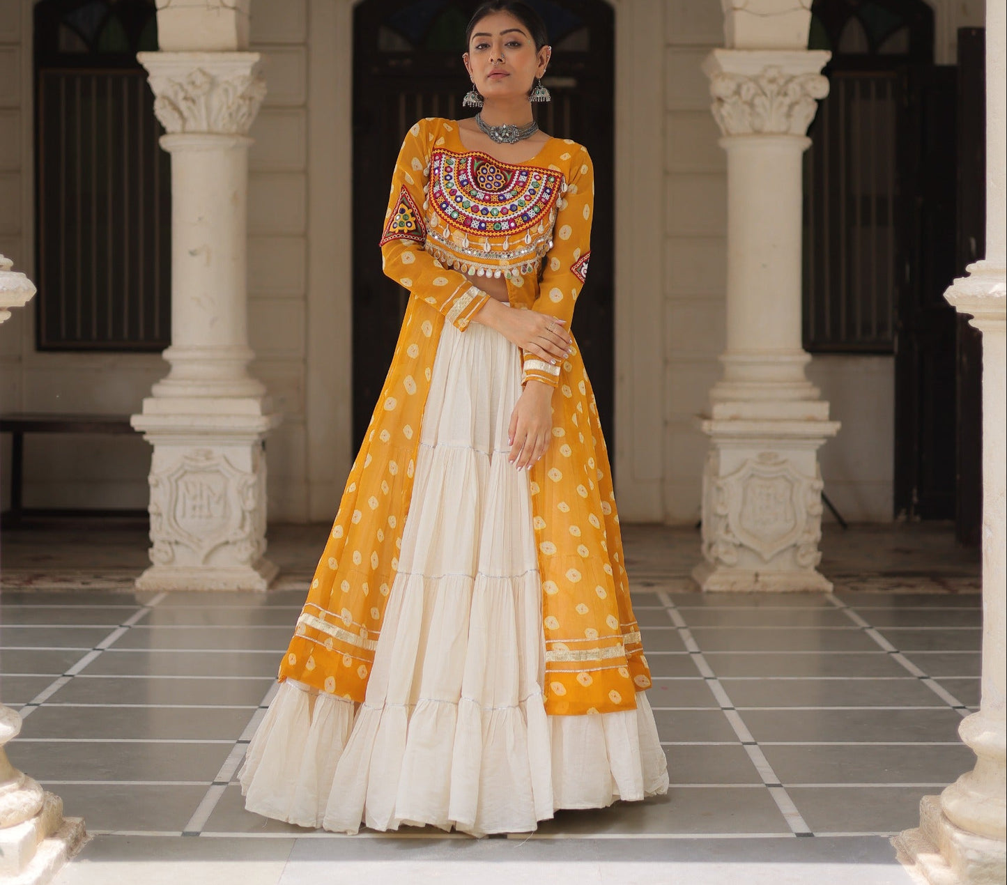 Yellow color Kora Cotton Bandhani Print Lehenga With Kurti