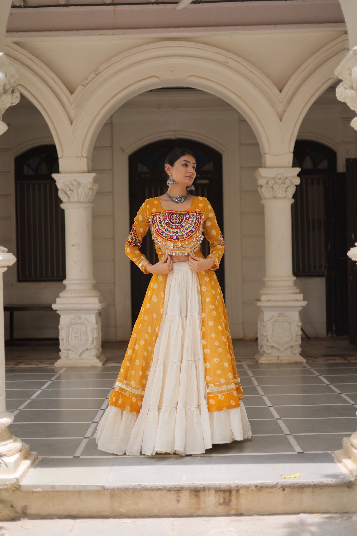 Yellow color Kora Cotton Bandhani Print Lehenga With Kurti