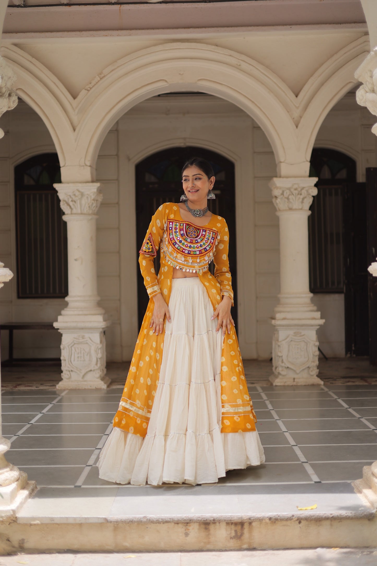 Yellow color Kora Cotton Bandhani Print Lehenga With Kurti