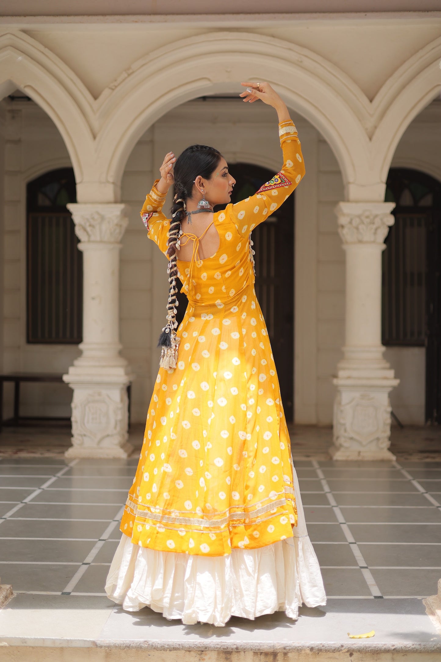 Yellow color Kora Cotton Bandhani Print Lehenga With Kurti