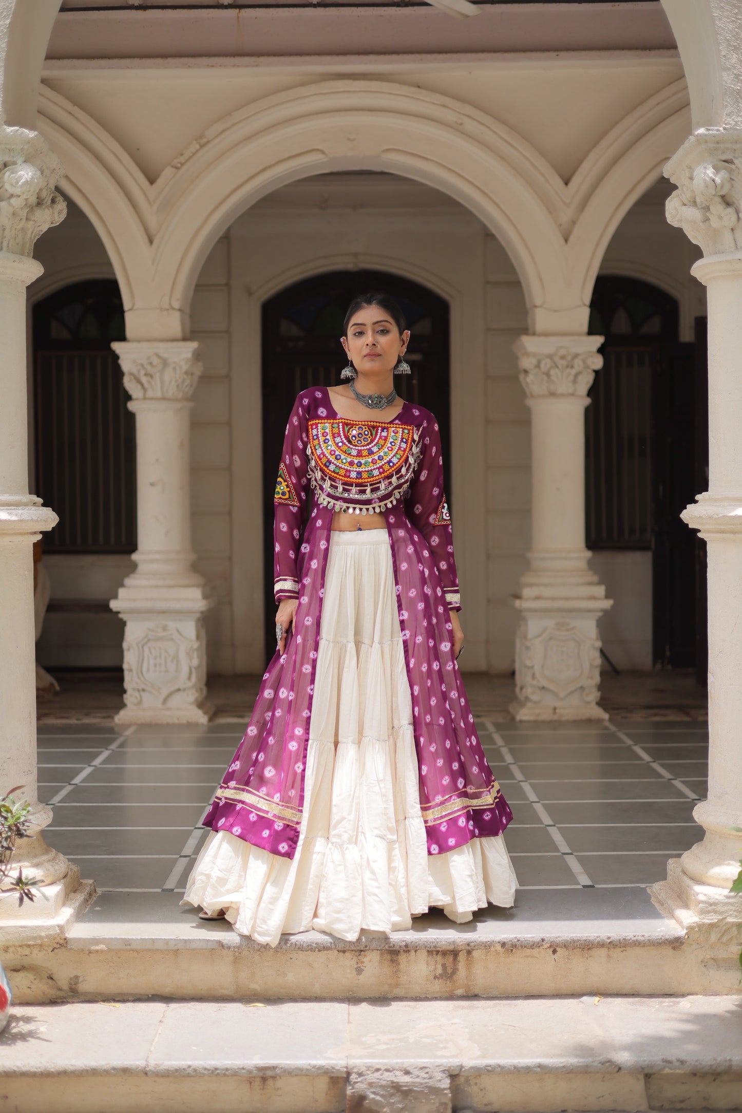 Purple color Kora Cotton Bandhani Print Lehenga With Kurti