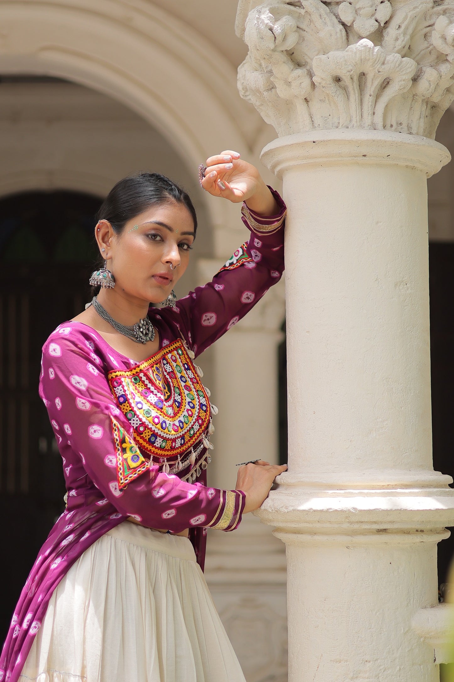 Purple color Kora Cotton Bandhani Print Lehenga With Kurti