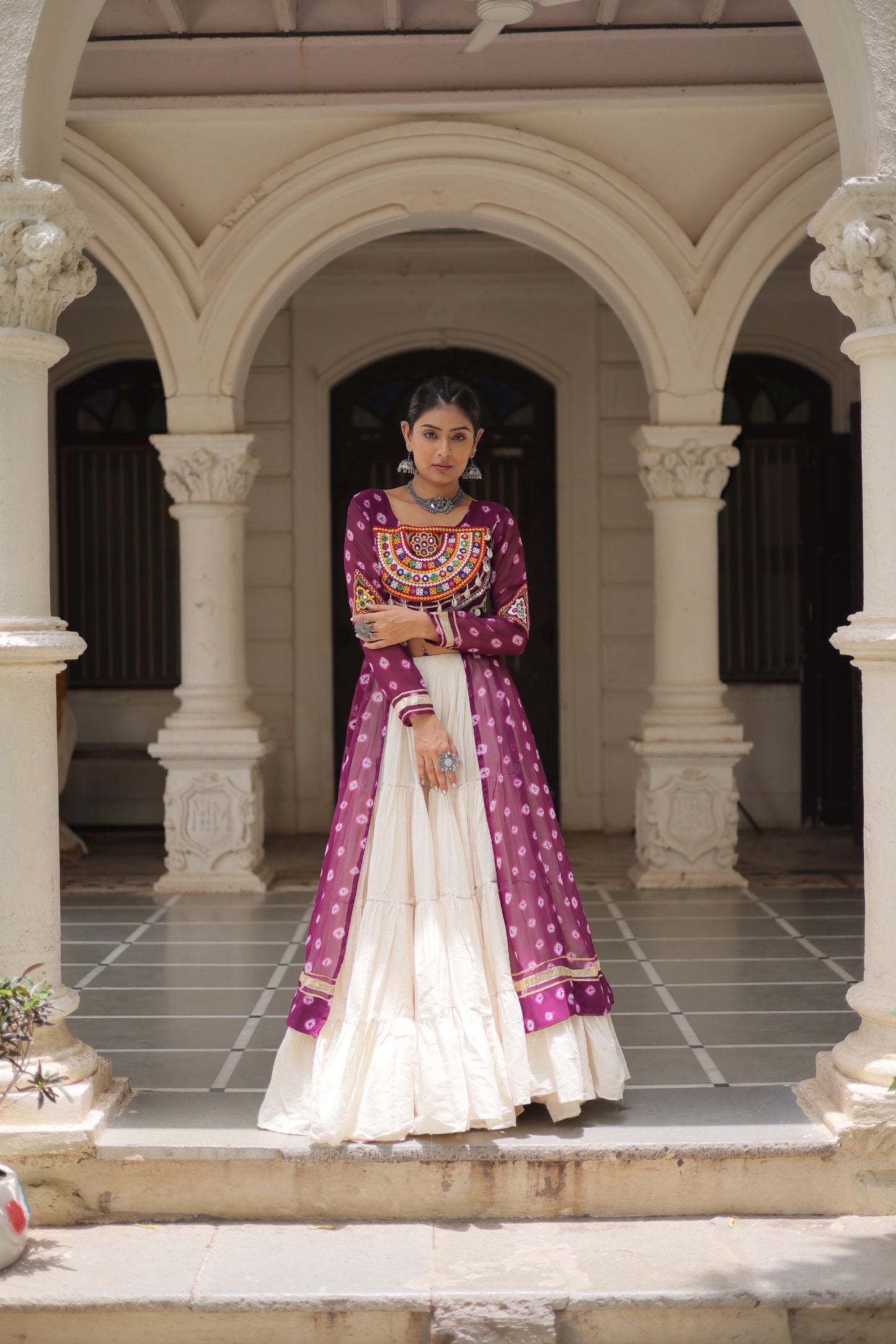Purple color Kora Cotton Bandhani Print Lehenga With Kurti