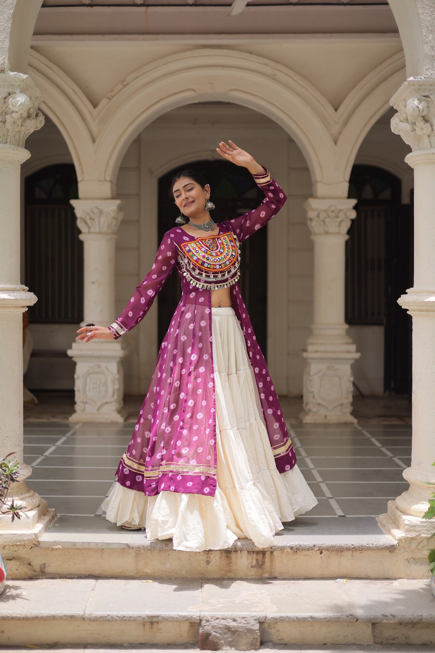 Purple color Kora Cotton Bandhani Print Lehenga With Kurti