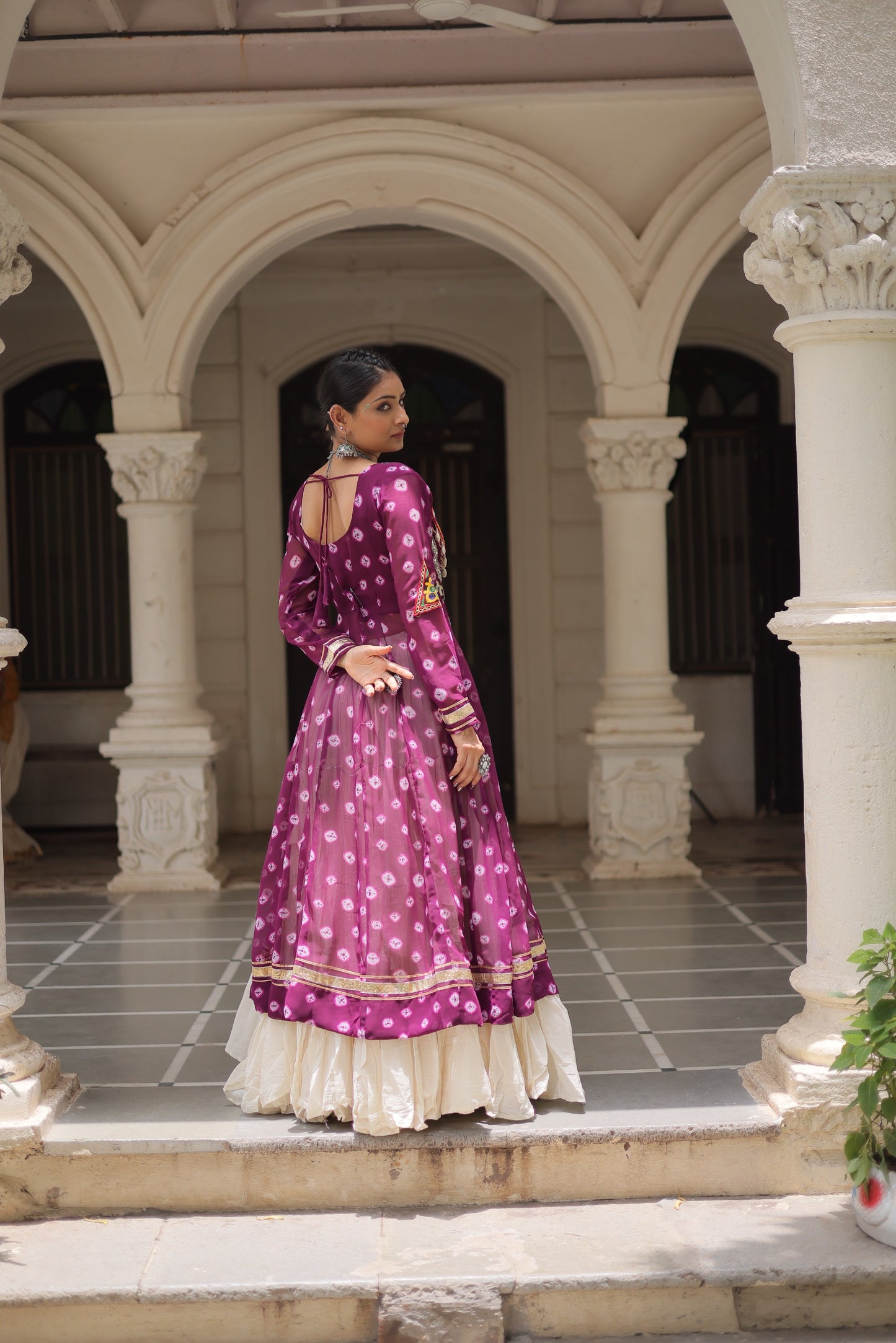 Purple color Kora Cotton Bandhani Print Lehenga With Kurti