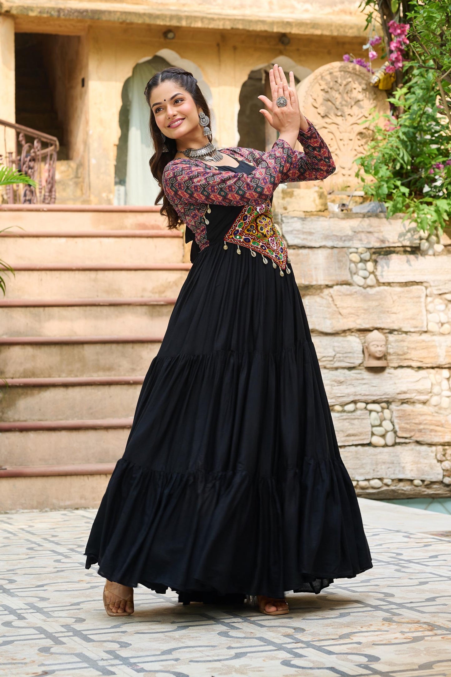 Black Kutchi Gamthi Cotton Print Work Gown