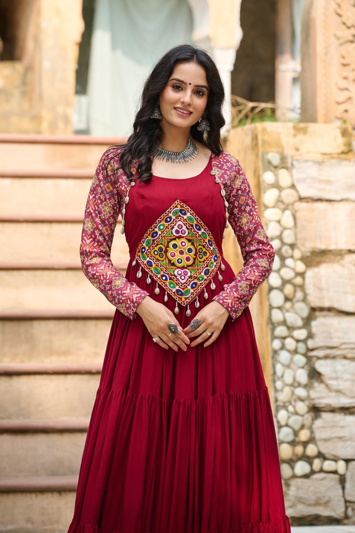 Maroon Kutchi Gamthi Cotton Print Work Gown