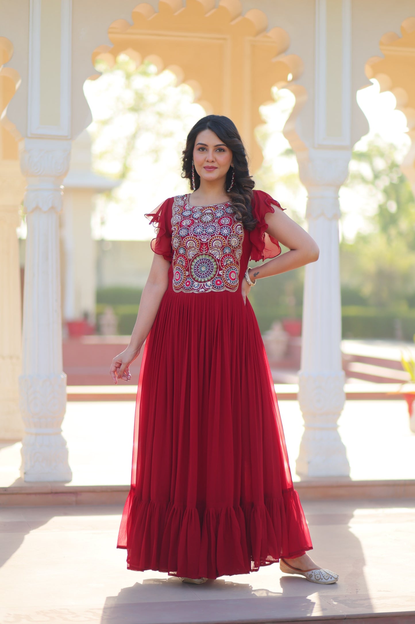 Maroon Faux Blooming Embroidered Work Gown