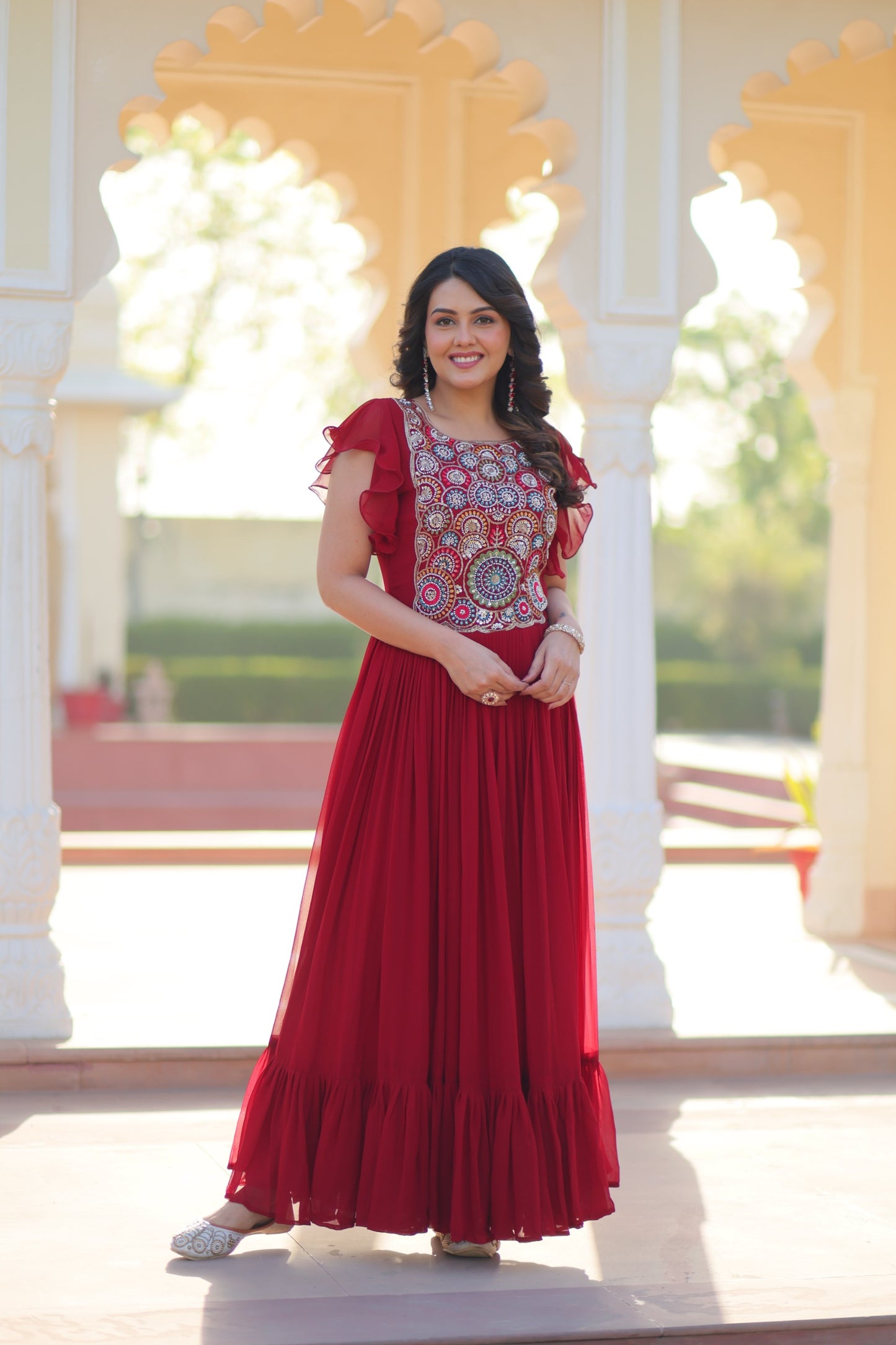 Maroon Faux Blooming Embroidered Work Gown