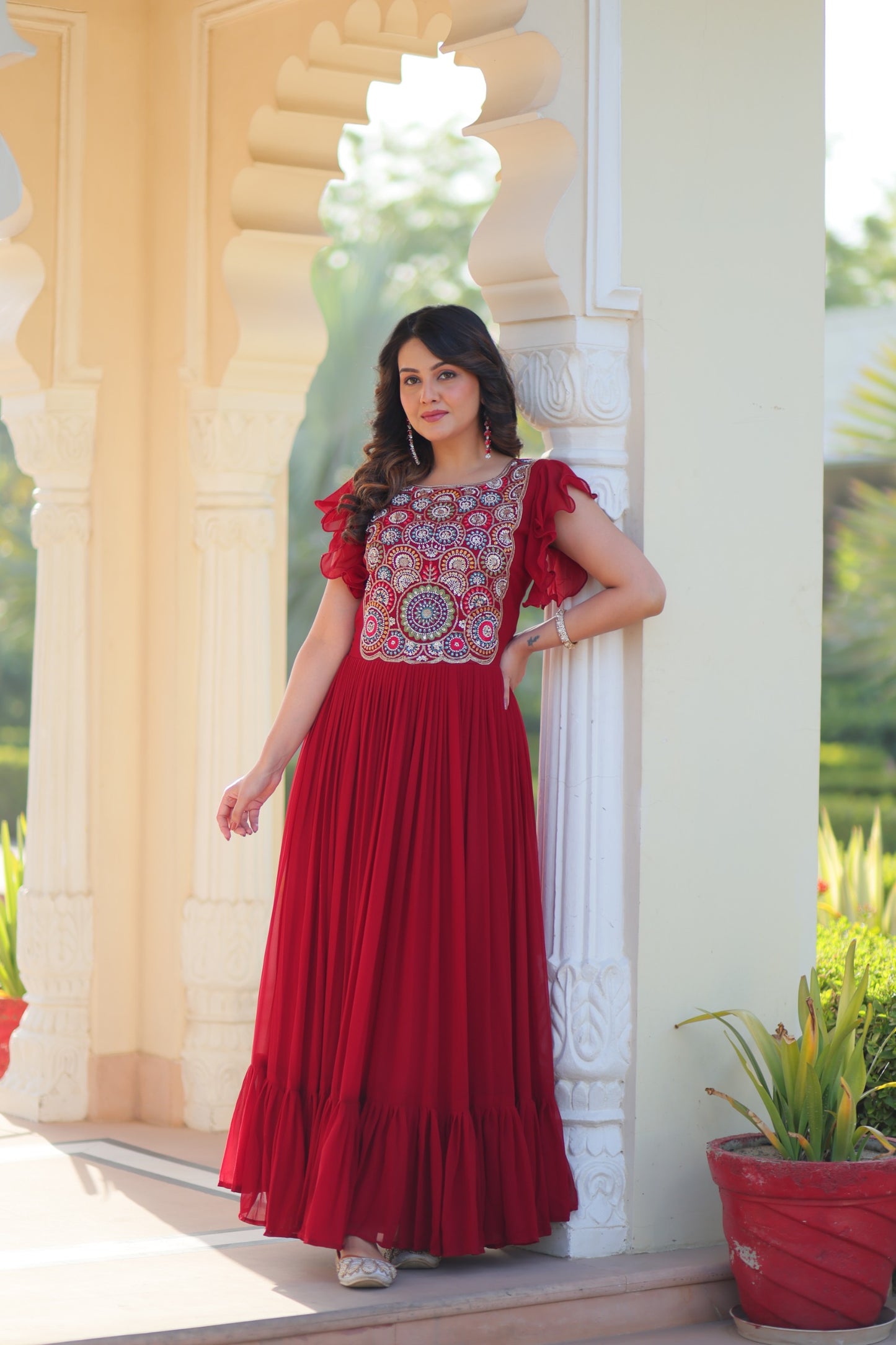 Maroon Faux Blooming Embroidered Work Gown