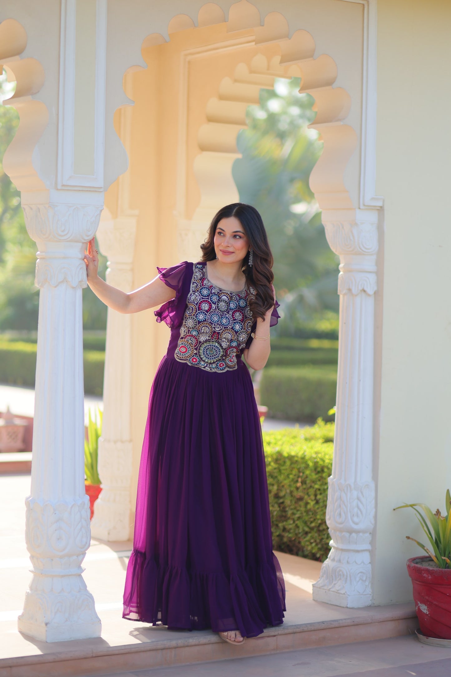 Maroon Faux Blooming Embroidered Work Gown
