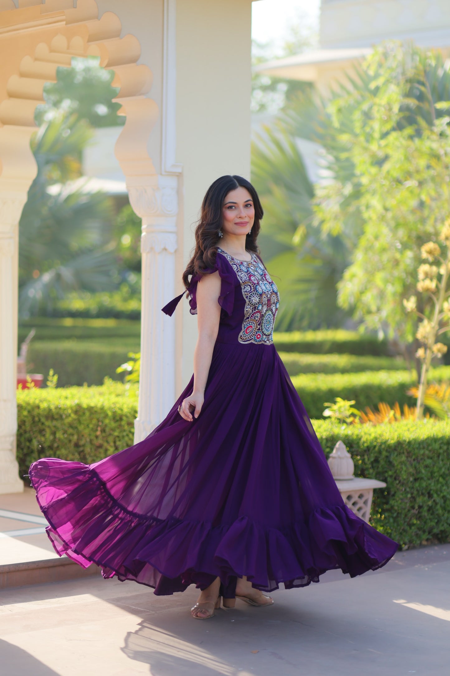 Maroon Faux Blooming Embroidered Work Gown
