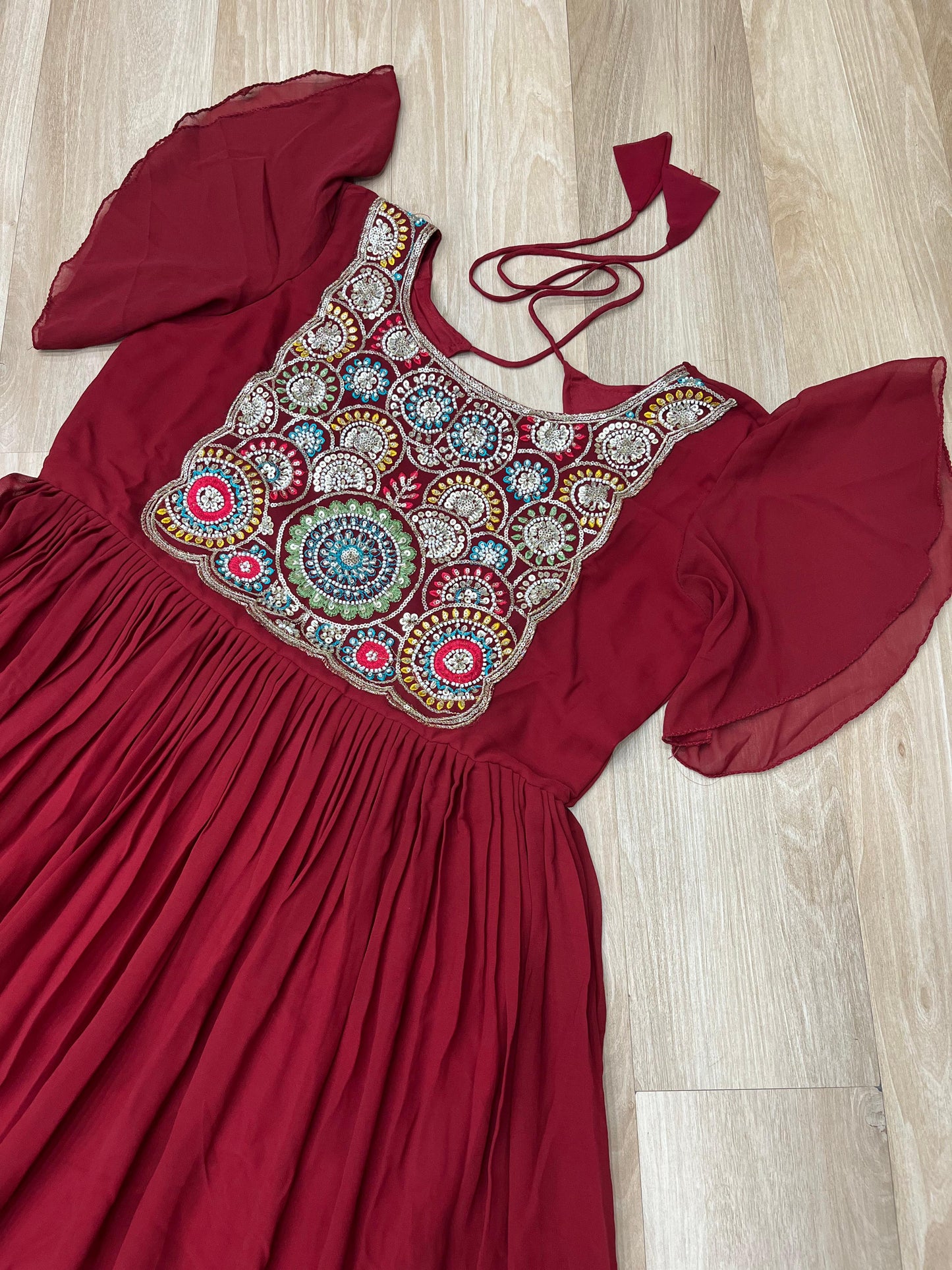 Maroon Faux Blooming Embroidered Work Gown