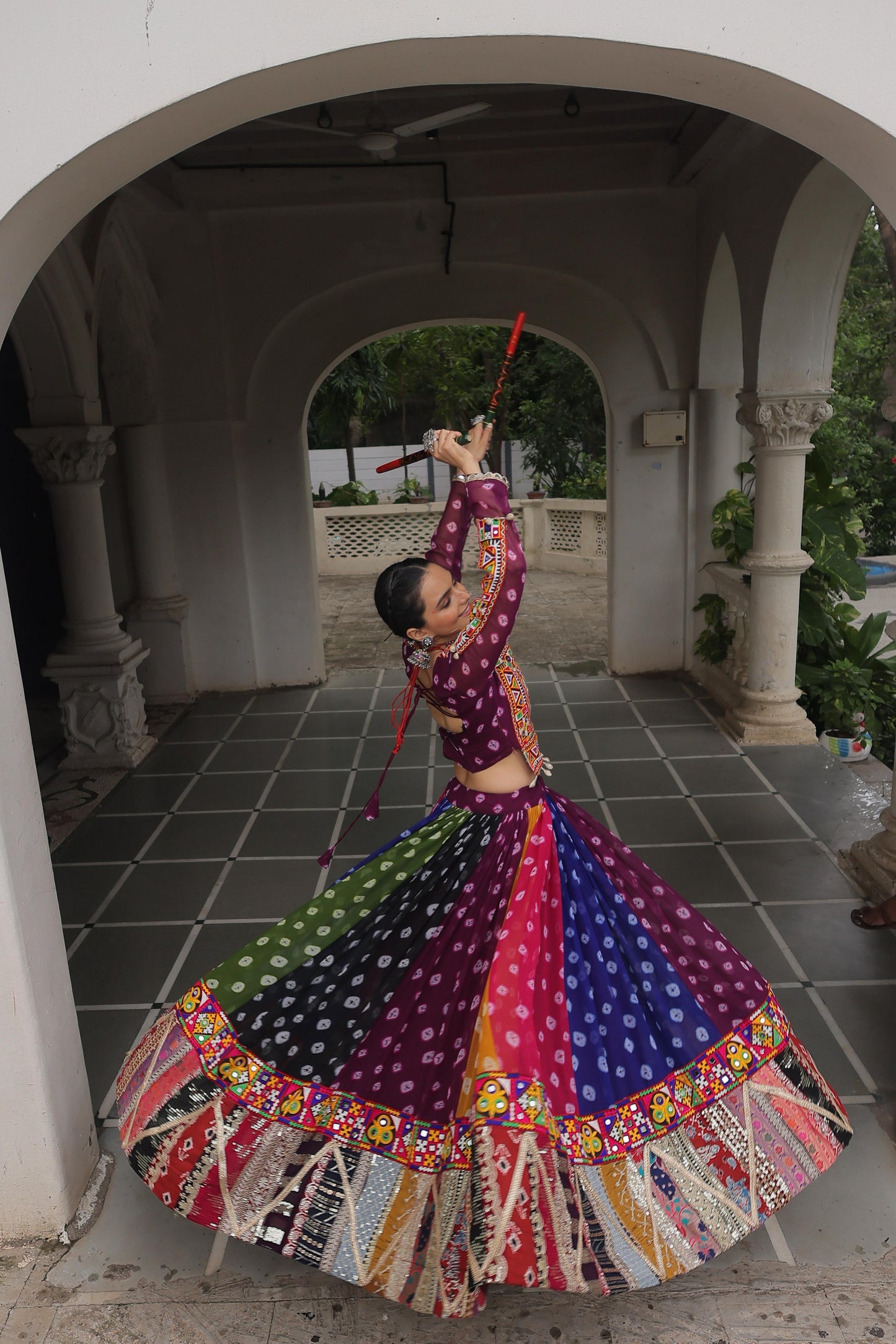 Purple Georgette Print With Vintage Embellished Work Lehenga Top