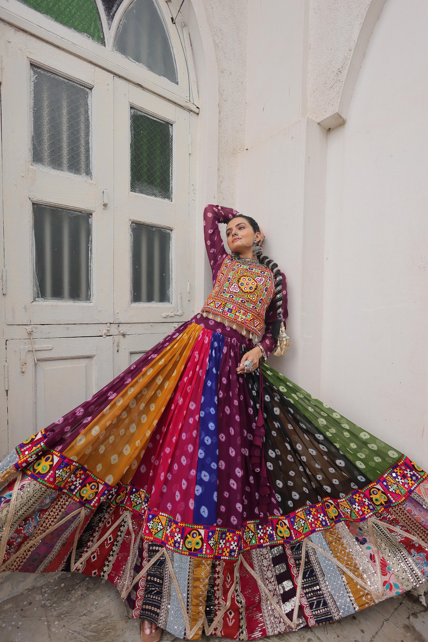 Purple Georgette Print With Vintage Embellished Work Lehenga Top