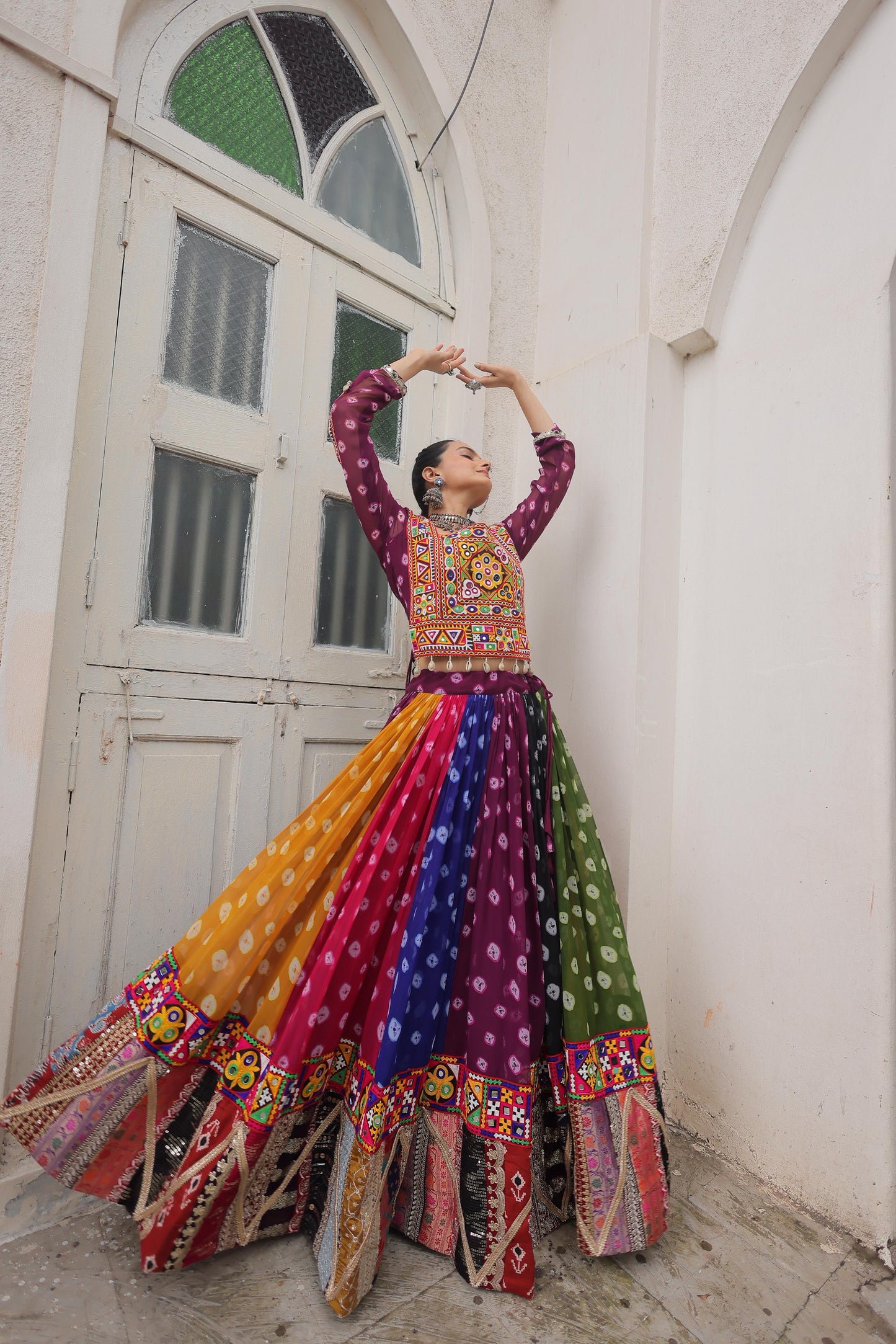 Purple Georgette Print With Vintage Embellished Work Lehenga Top