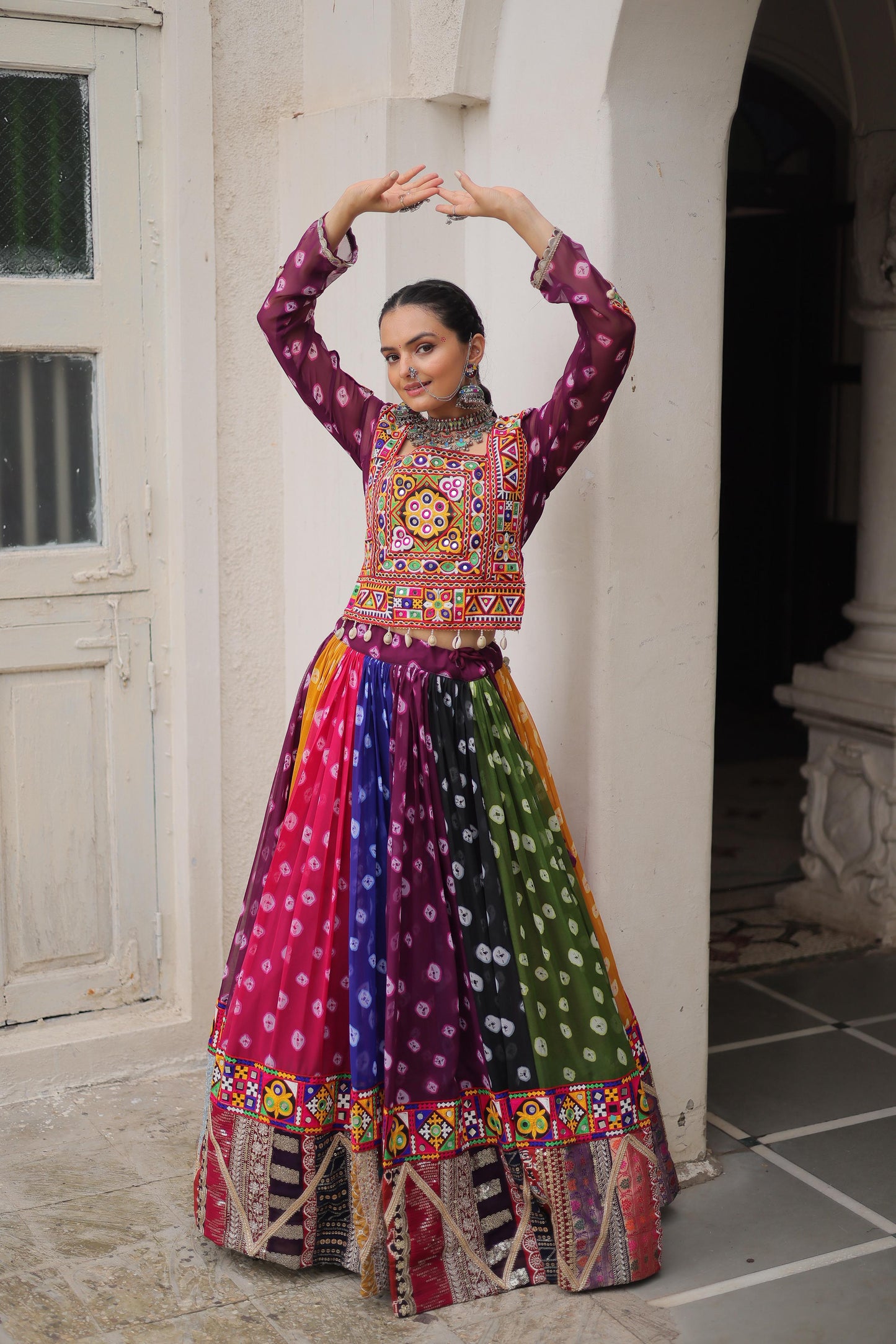 Purple Georgette Print With Vintage Embellished Work Lehenga Top