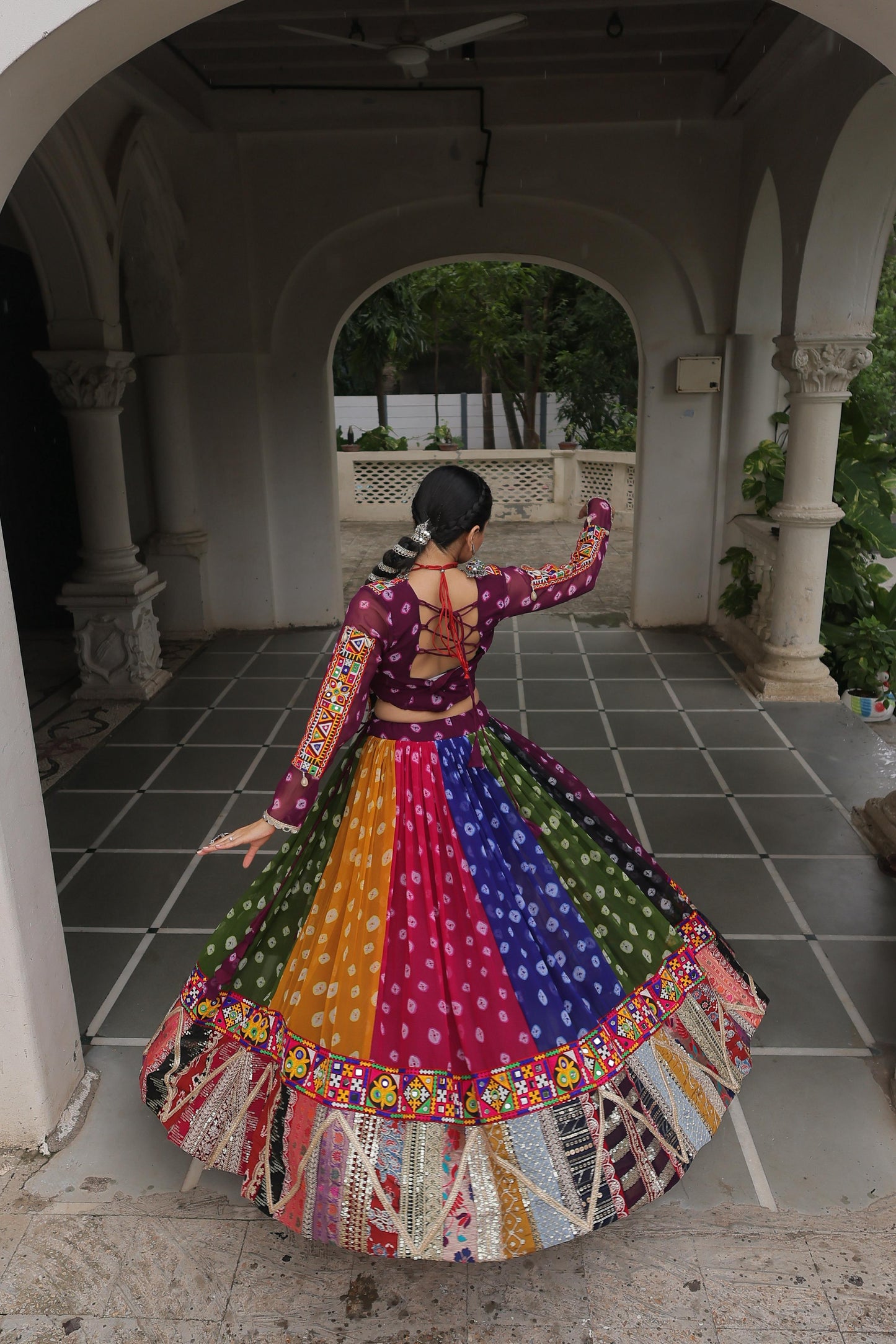 Purple Georgette Print With Vintage Embellished Work Lehenga Top