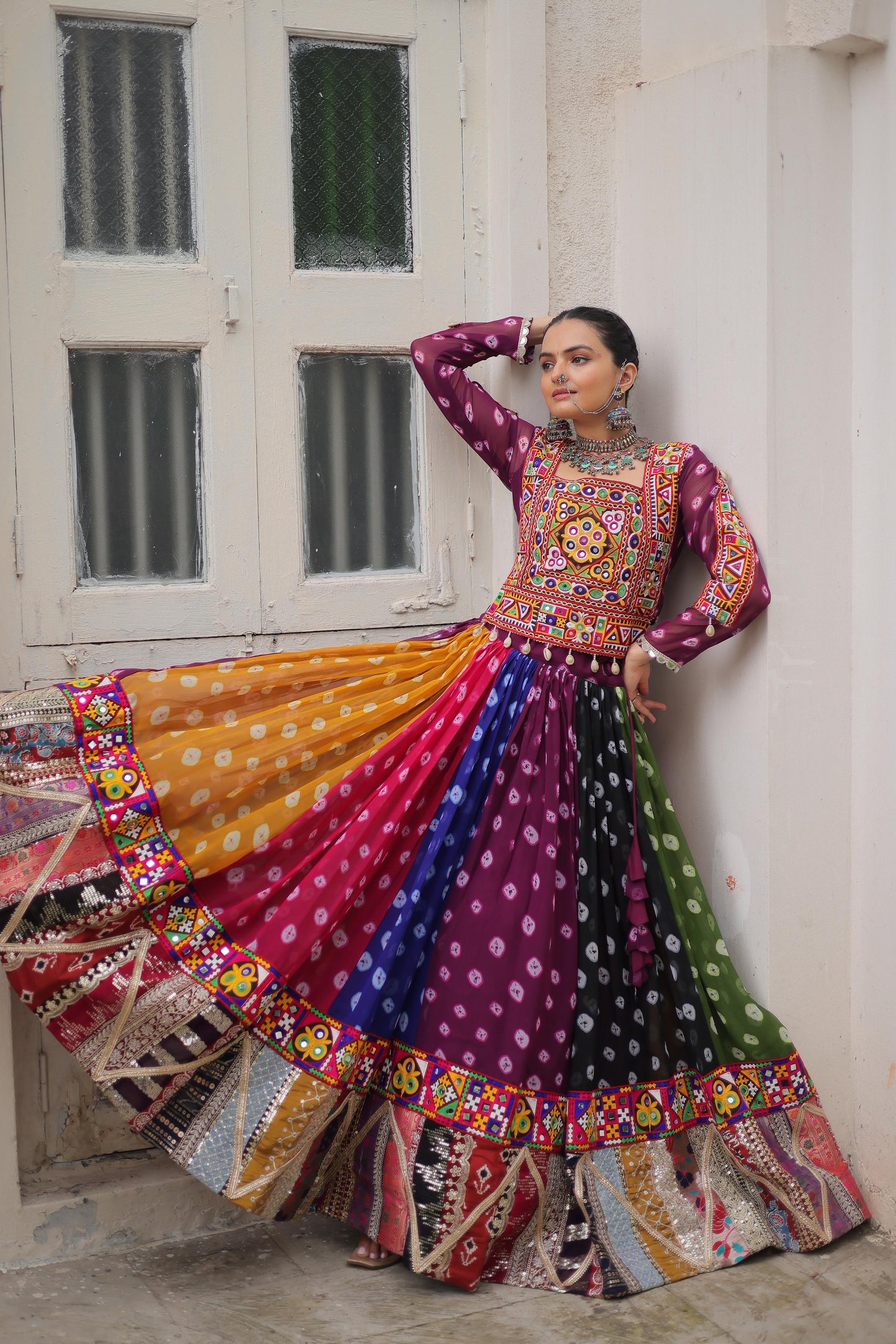 Purple Georgette Print With Vintage Embellished Work Lehenga Top