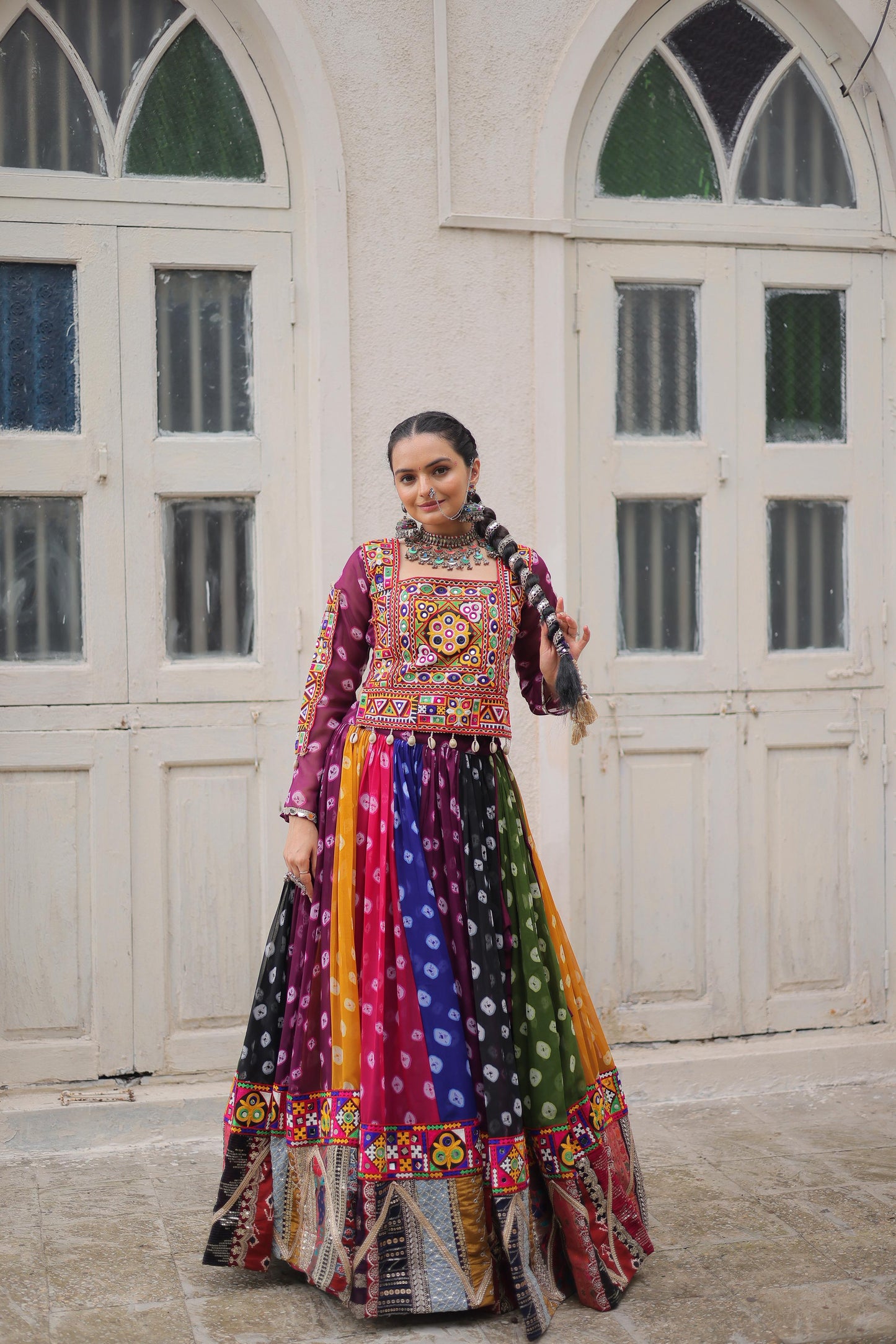 Purple Georgette Print With Vintage Embellished Work Lehenga Top
