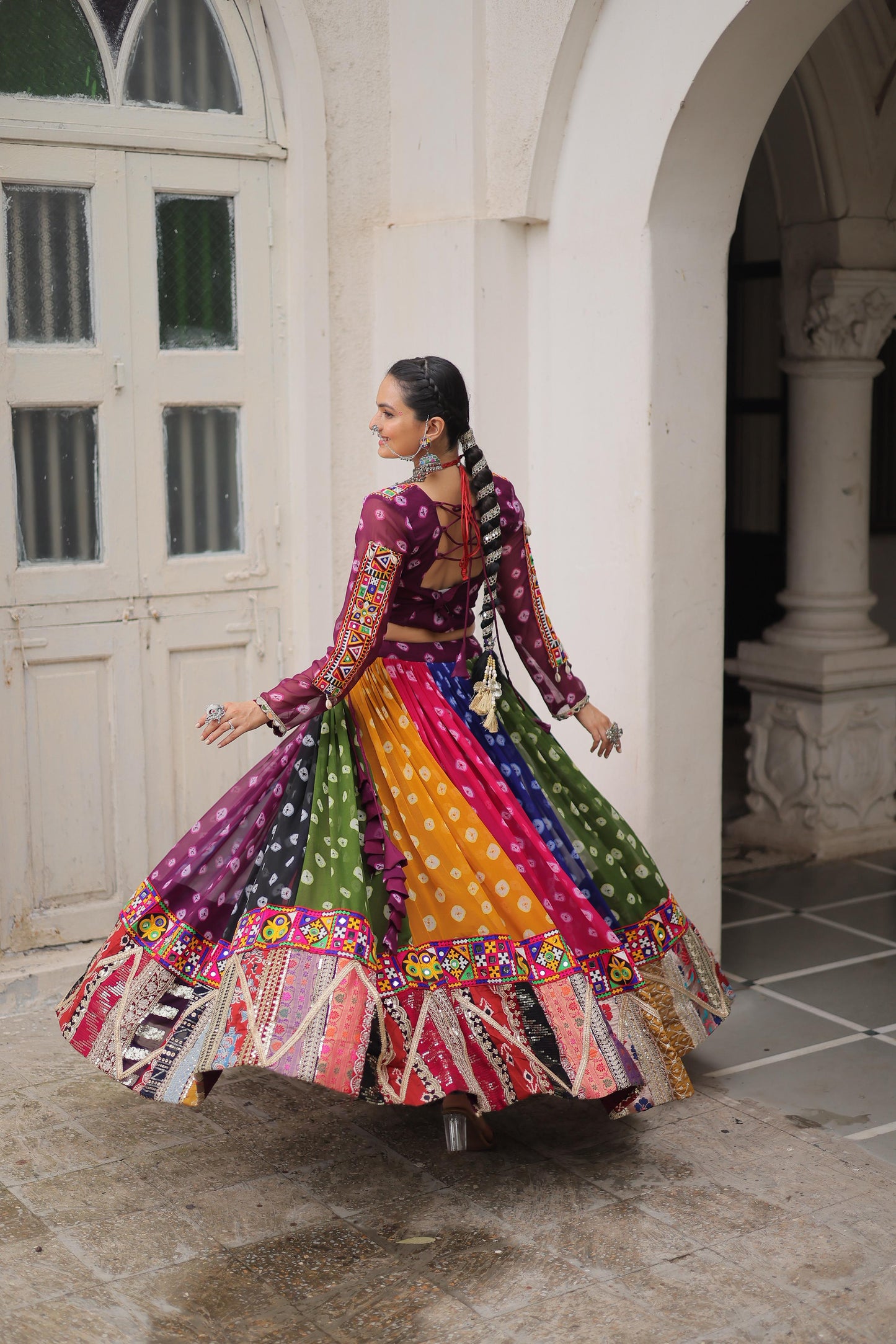 Purple Georgette Print With Vintage Embellished Work Lehenga Top