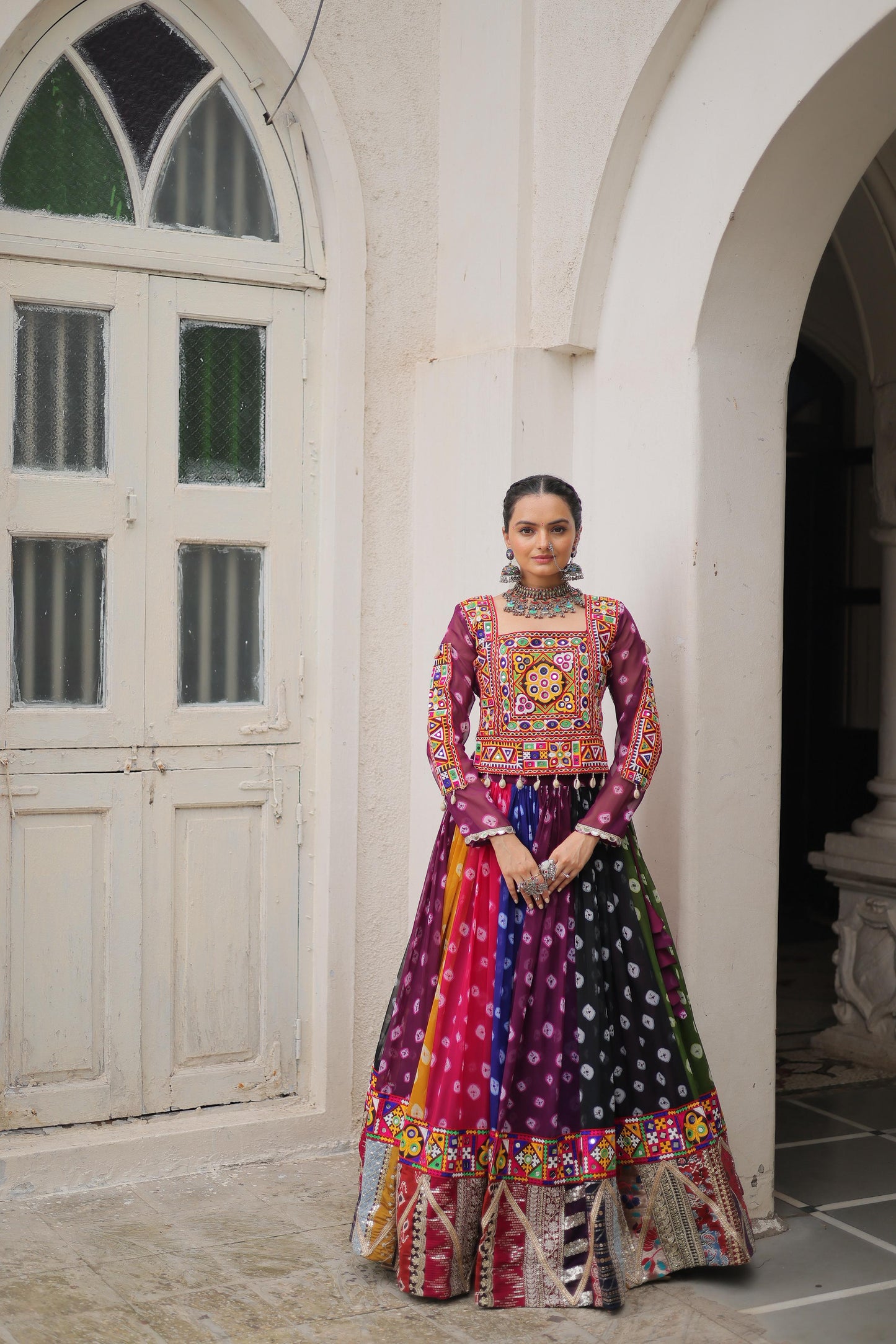 Purple Georgette Print With Vintage Embellished Work Lehenga Top