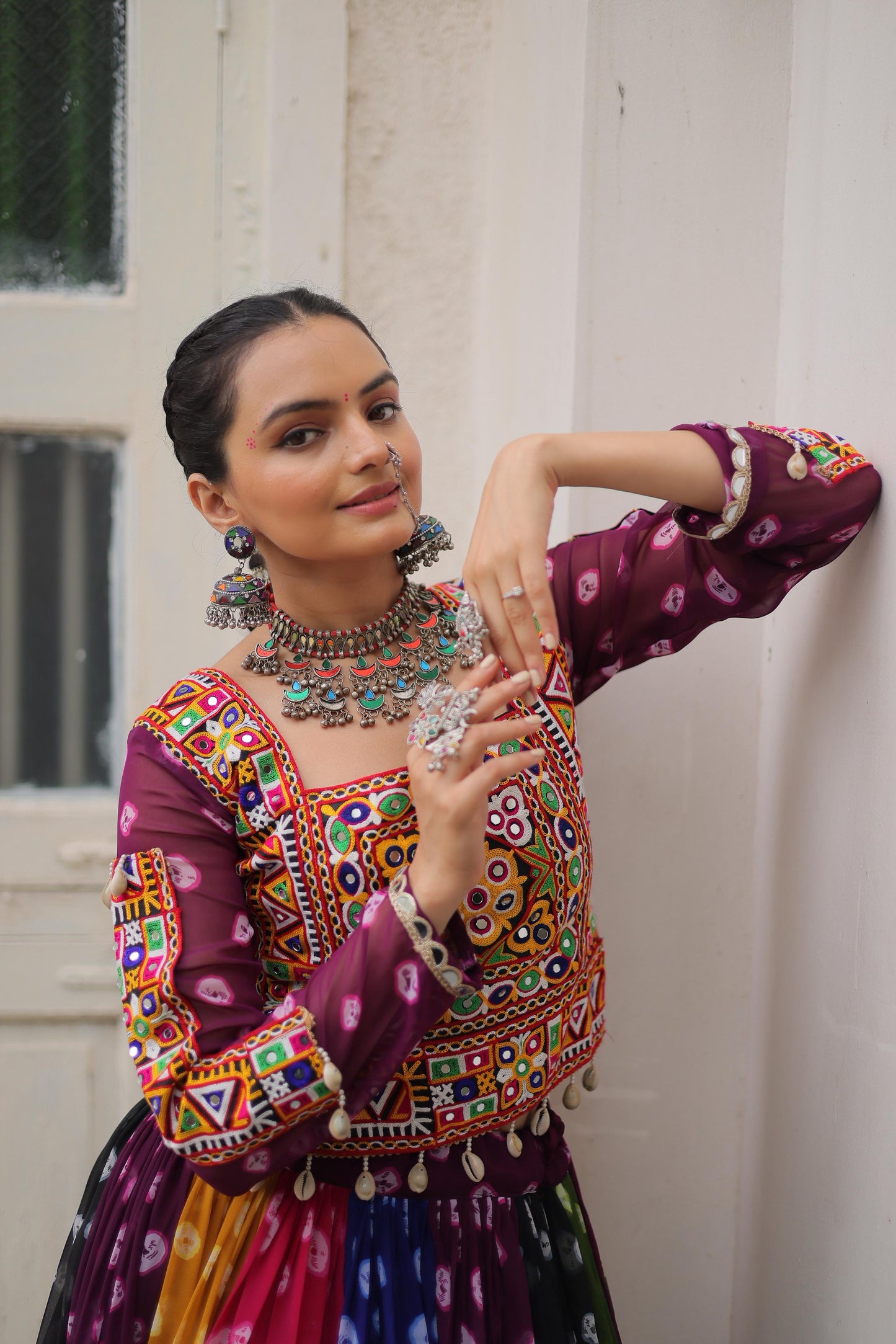 Purple Georgette Print With Vintage Embellished Work Lehenga Top