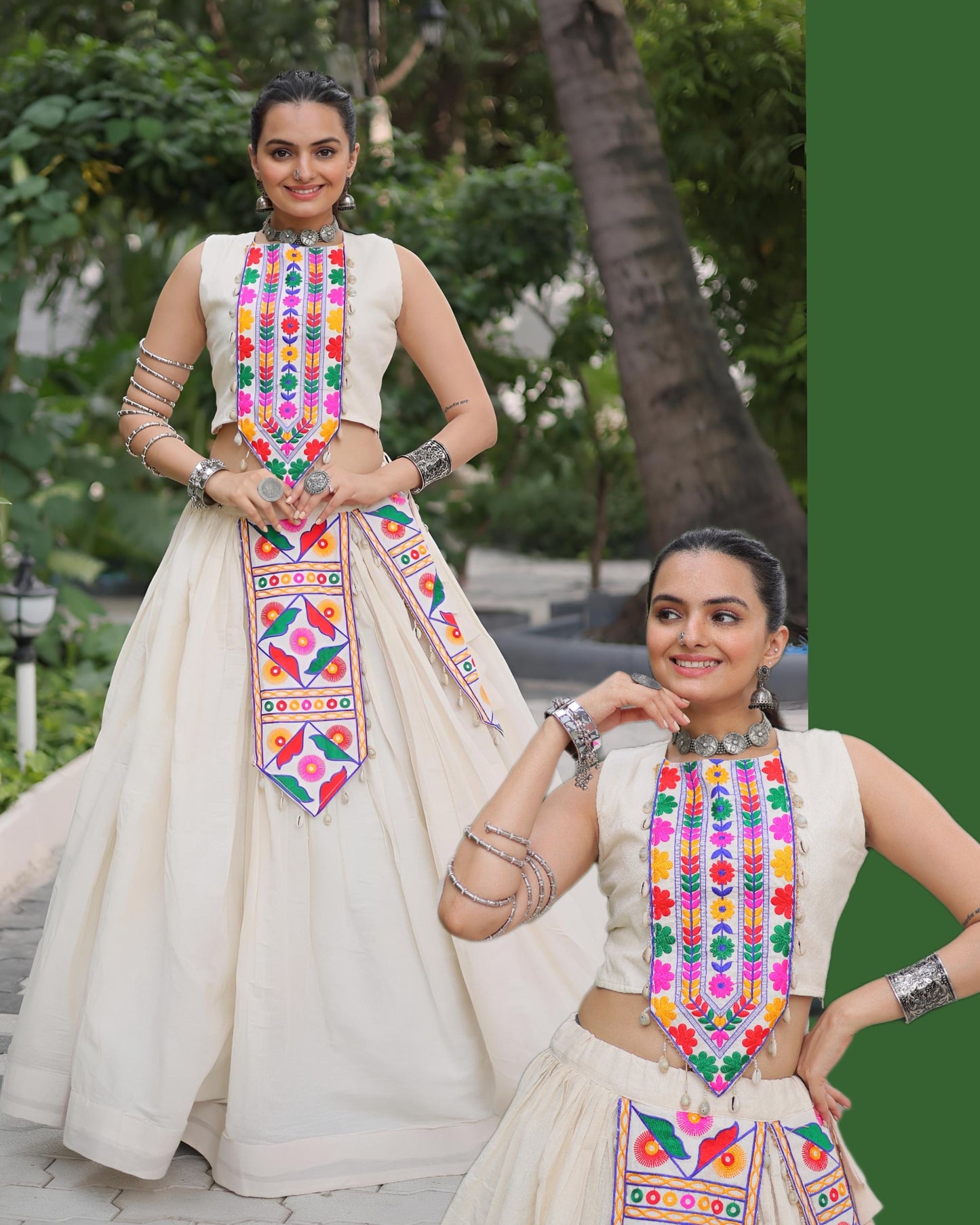 White color Kora Cotton Kutchi Work Lehenga With Top