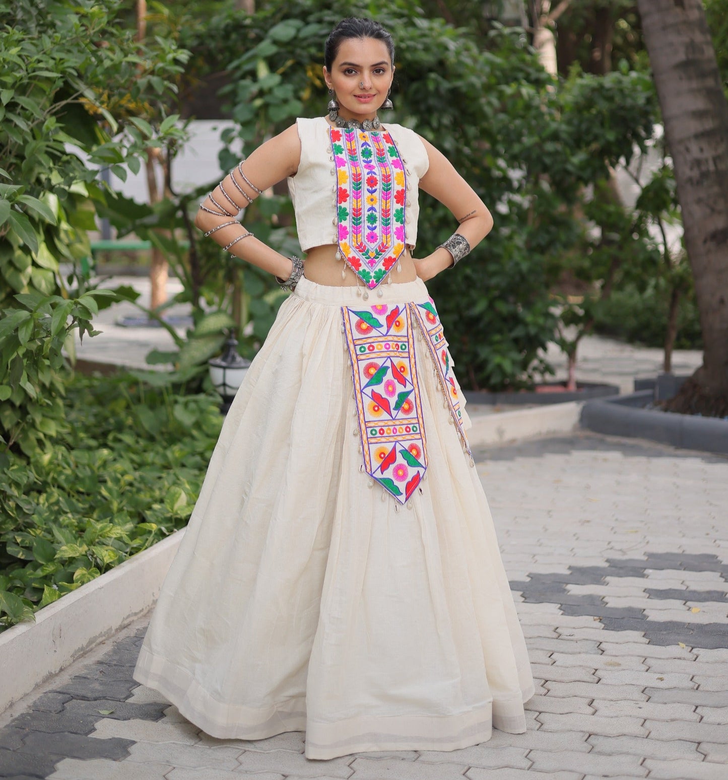 White color Kora Cotton Kutchi Work Lehenga With Top