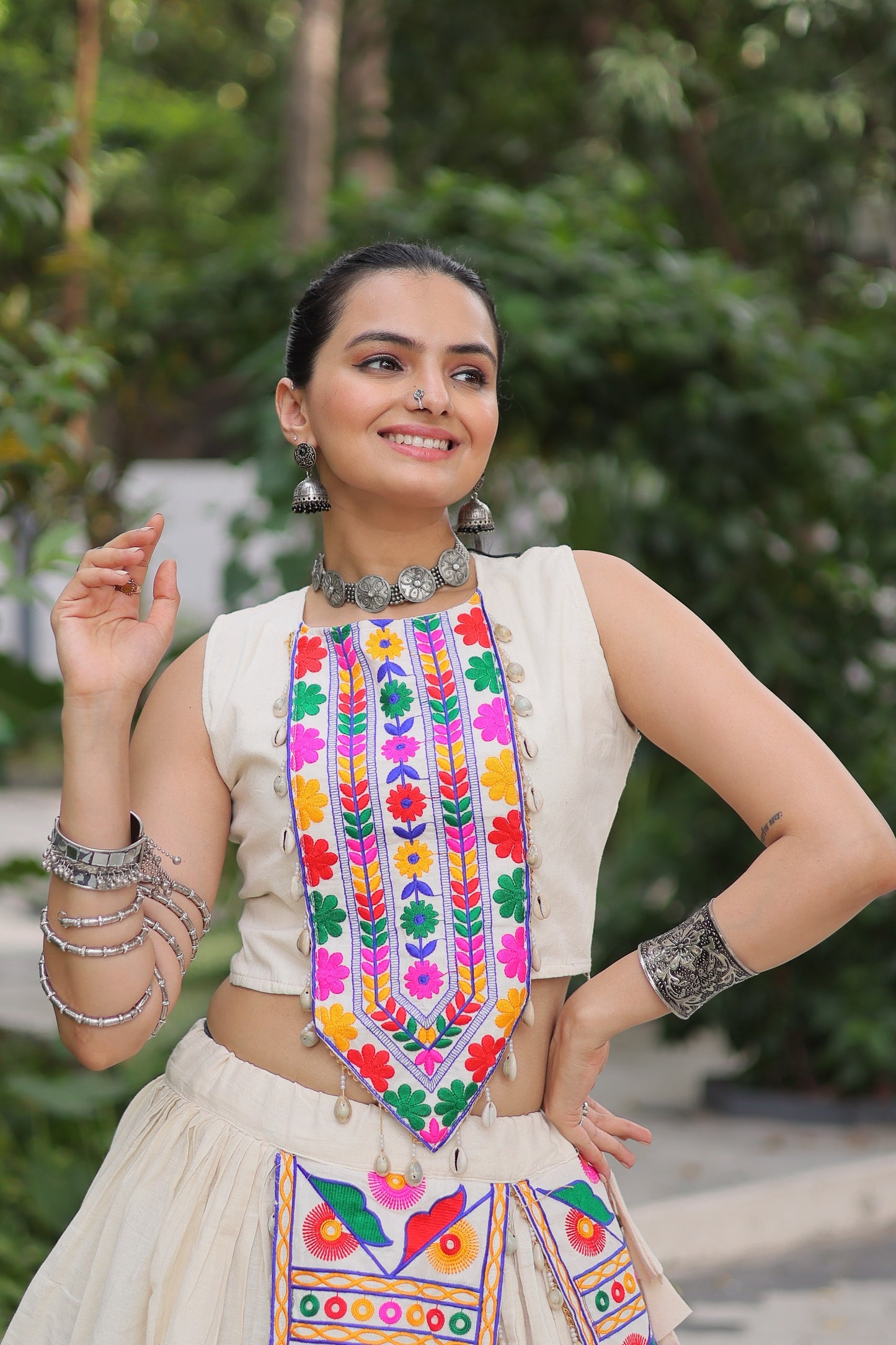 White color Kora Cotton Kutchi Work Lehenga With Top